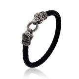 Men’s Black Braided Leather Bracelet with Sterling Silver Lion Heads