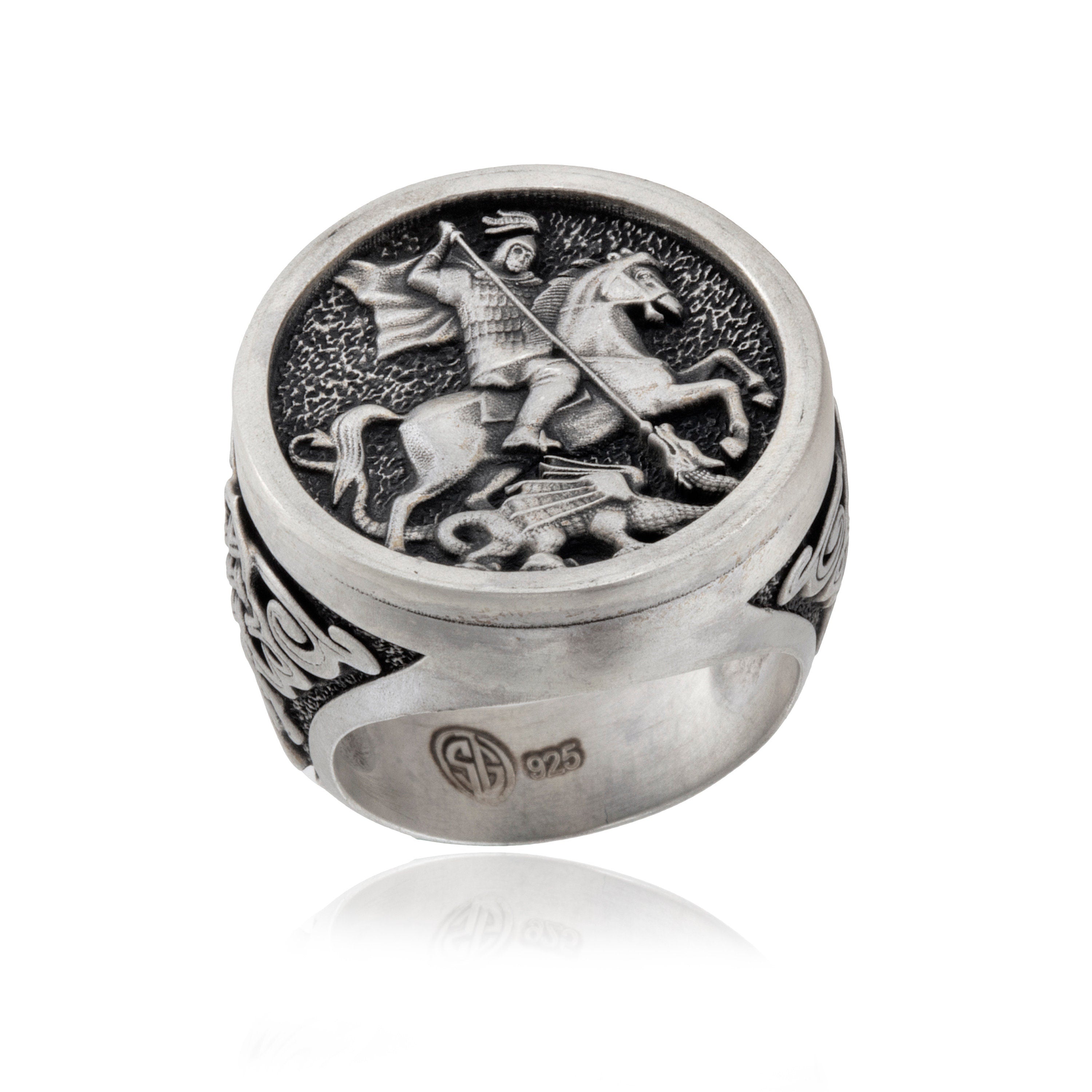 Silver Saint George Ring, St George With The Dragon, Signet Rings For Men, Unique Religious Jewelry For Father, Unique Gift For Father's Day