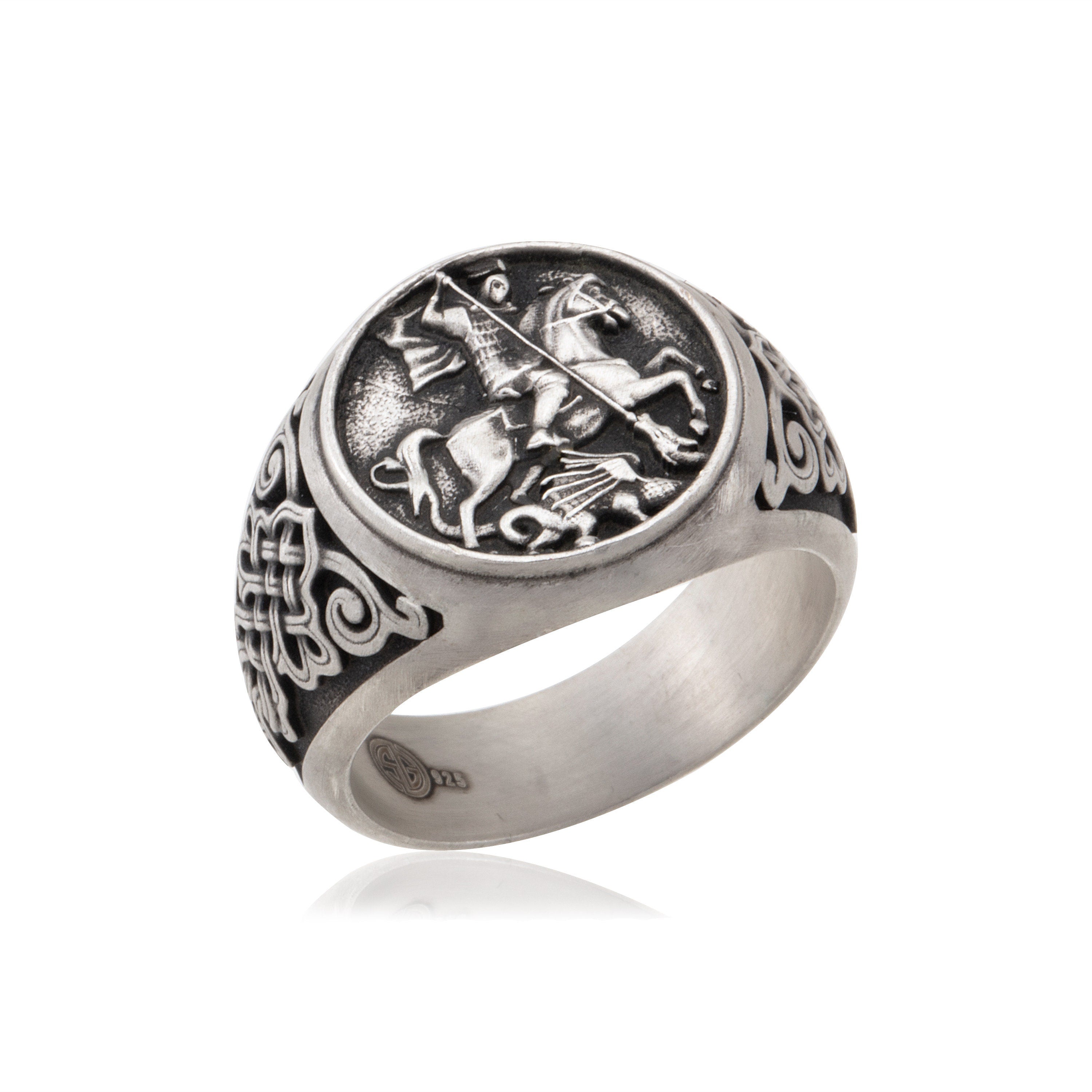 Saint George With The Dragon, Religious Jewelry, Sterling Signet St George Ring, Unique Gift For Religious Man, Unique Gift For Father's Day