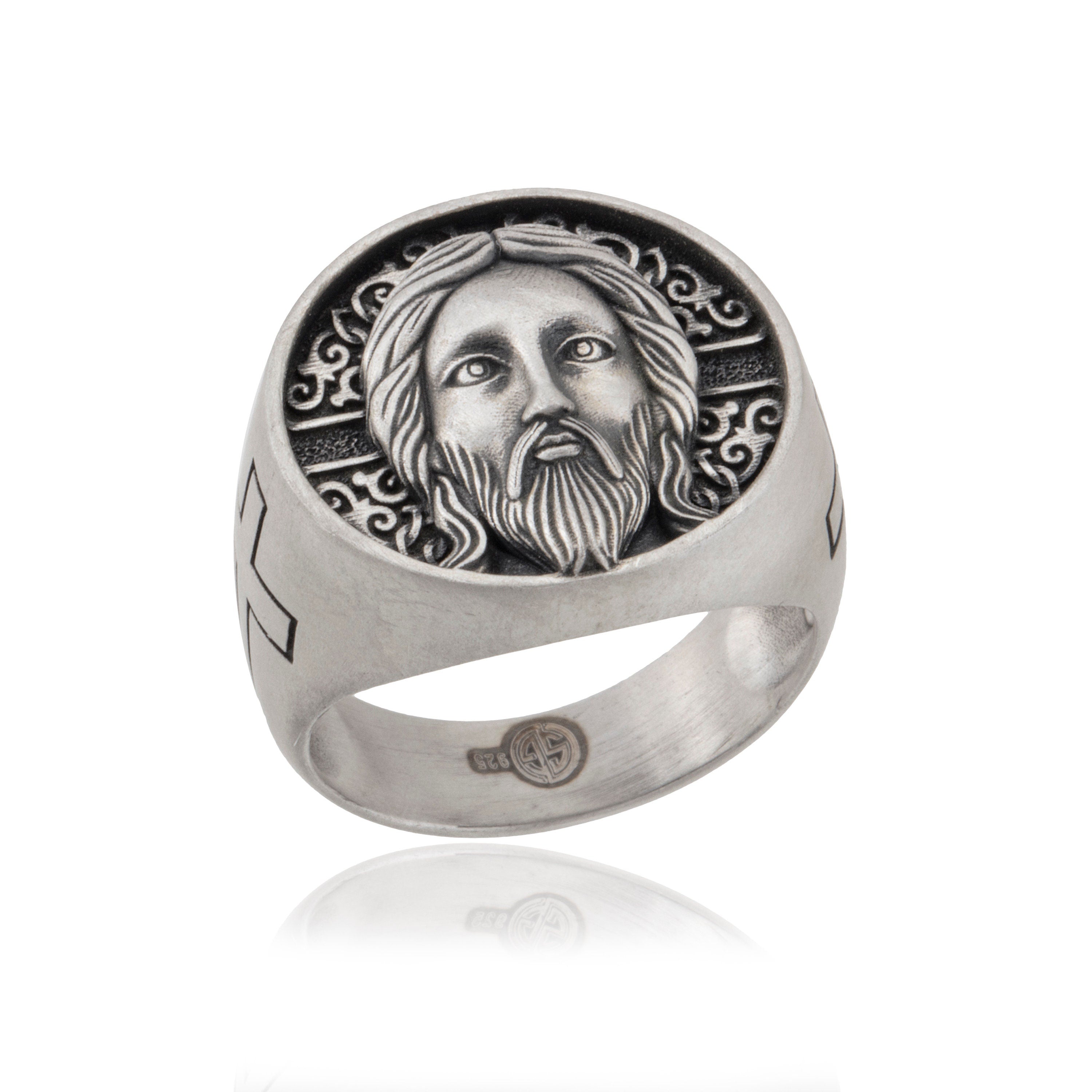 Sterling Silver Cross Ring, Crucifix Jesus Ring, Christ Jesus Face Ring, Men's Religious Rings, Fathers Gifts, Unique Gift For Father's Day
