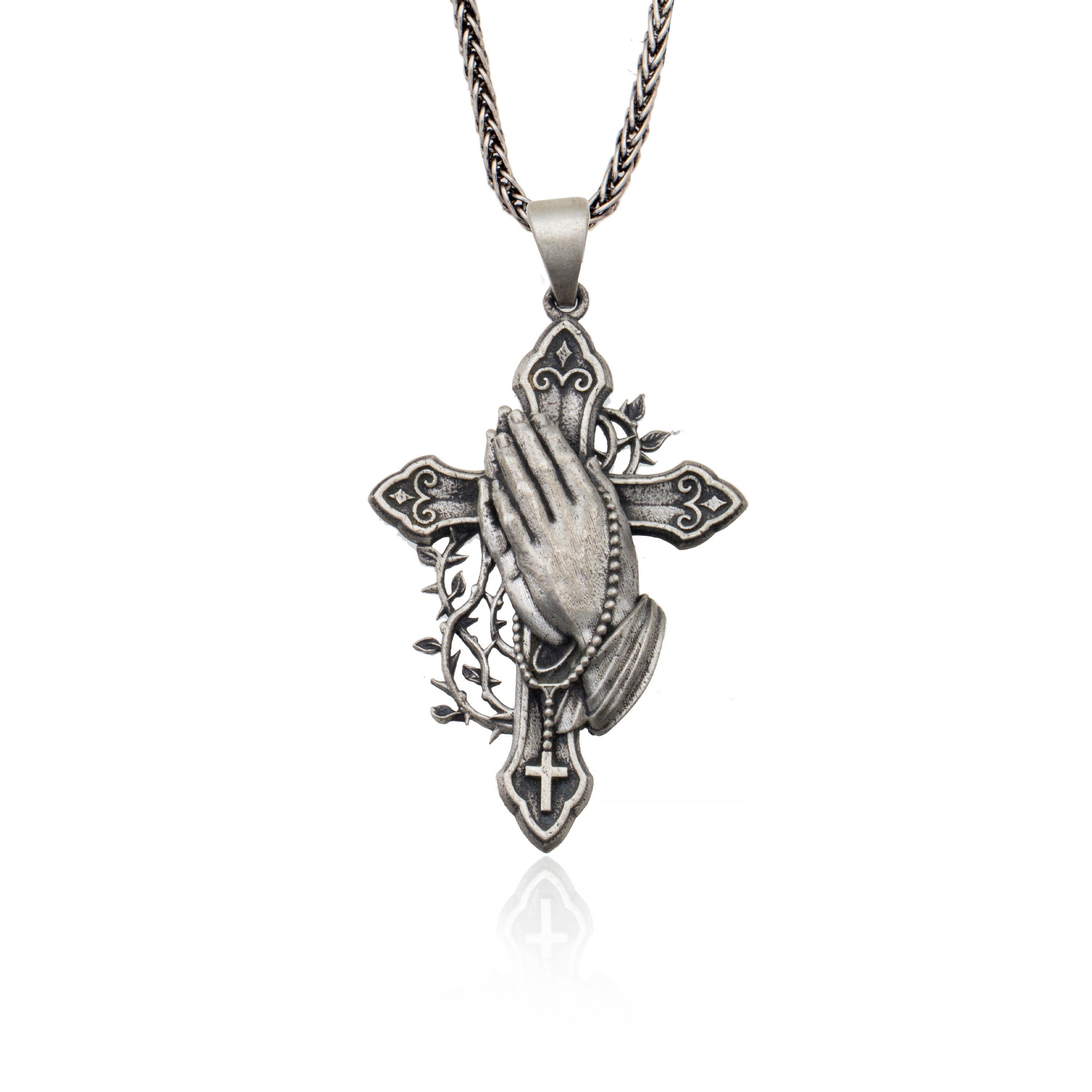 Silver Cross Necklaces For Men, Praying Hands Jesus Cross Necklace, Cross Necklace For Women, Crucifix Pendant, Unique Gift For Father's Day