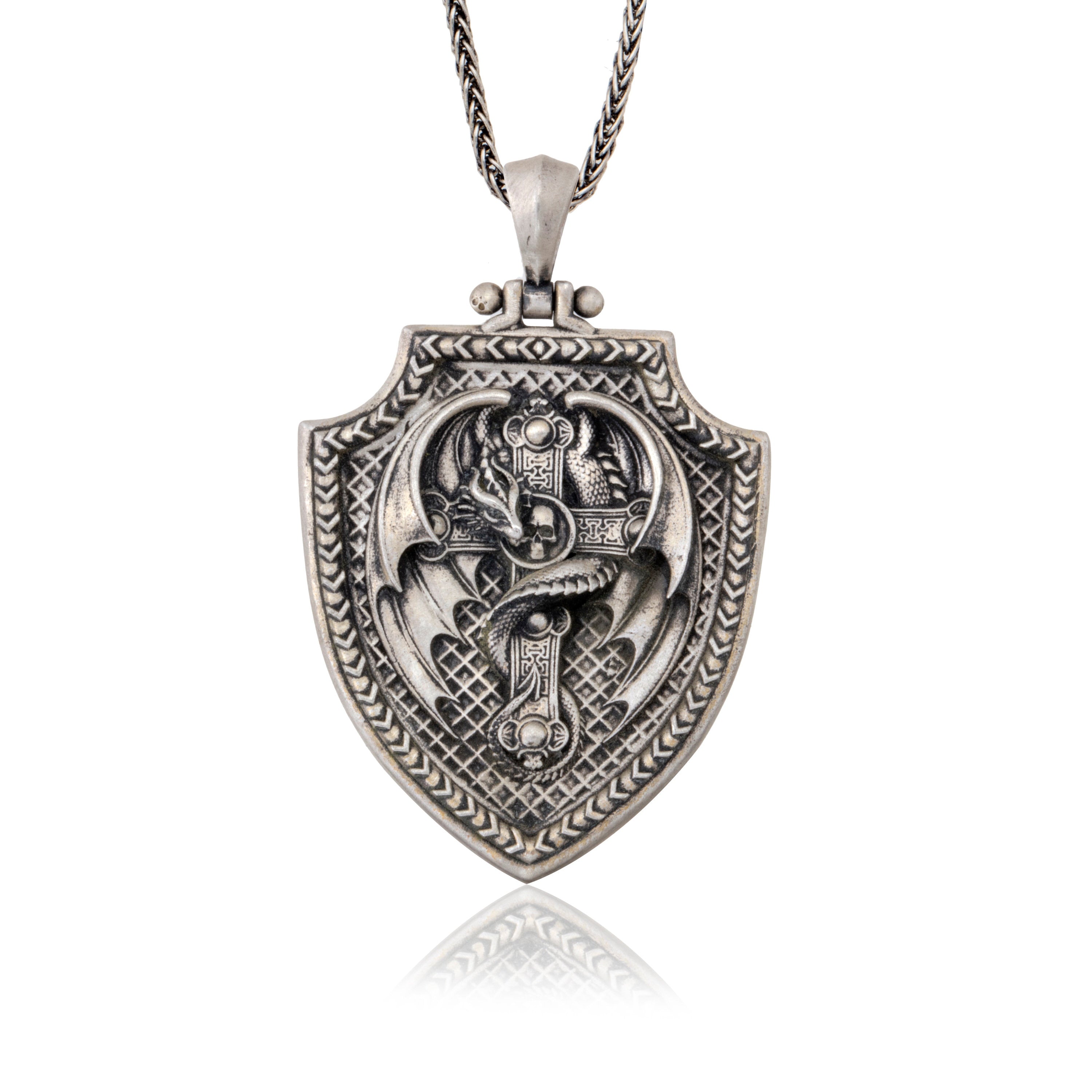 Sterling Silver Dragon Necklace, Dragon Pendant, Religious Necklaces, Gift For Husband, Cross Shield Necklace, Unique Gift For Father's Day