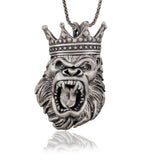 Sterling Silver Gorilla Necklace, King Crowned Gorilla Pendant, Monkey Pendant, Gift For Man, Animal Pendants, Unique Gift For Father's Day