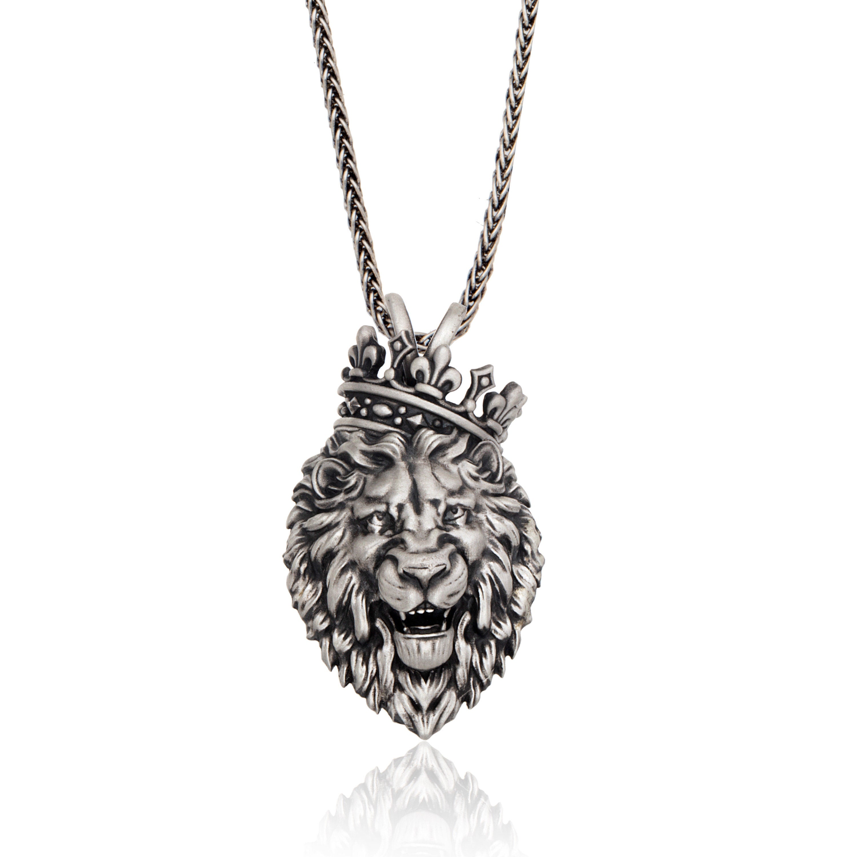 Solid Silver King Crowned Lion Pendant, Wild Lion Necklace For Man, Gift For Father, Best Gifts For Boyfriend, Unique Gift For Father's Day