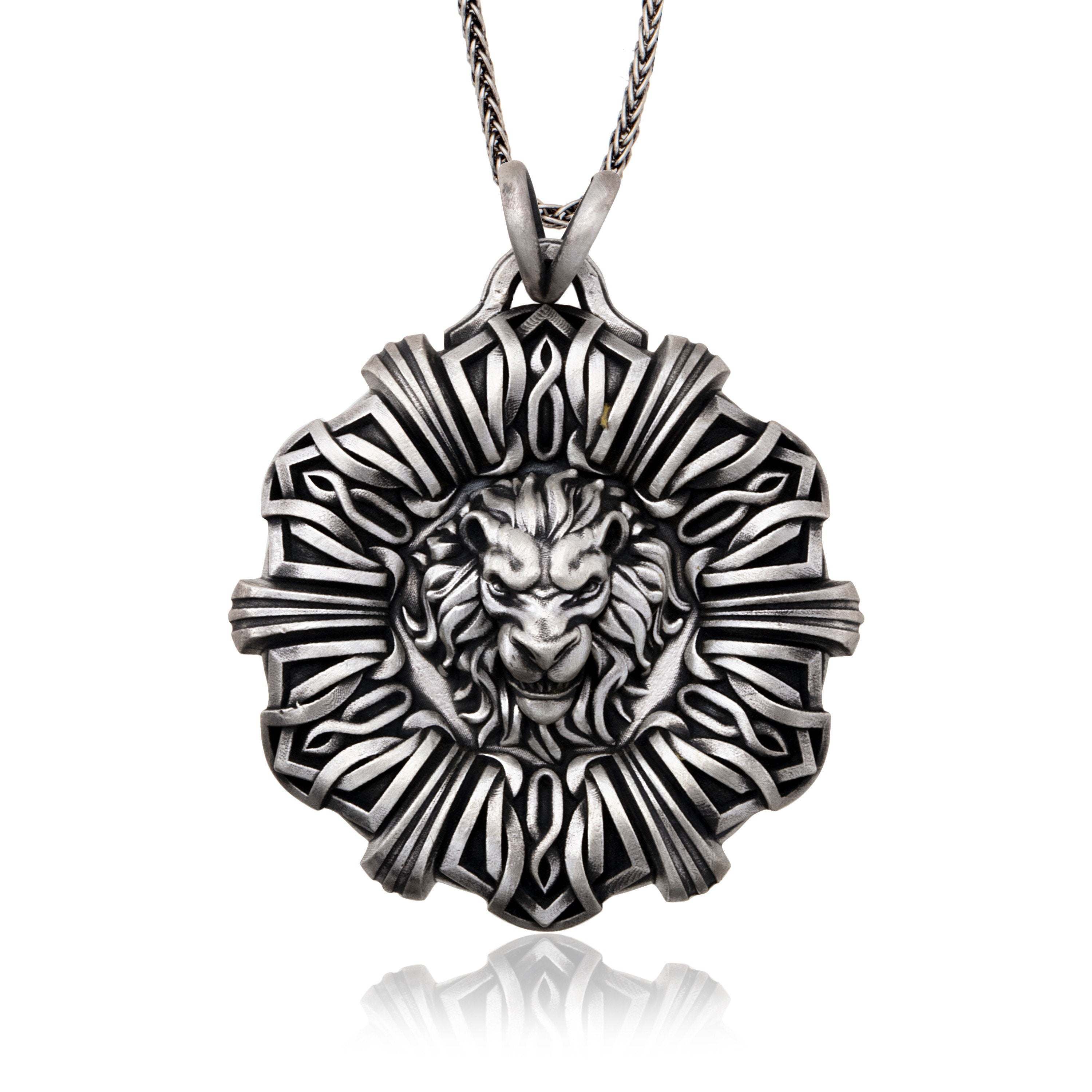 Solid Silver Lion Necklace, Scandinavian Lion Medallion, Wild Lion Pendant, Gift For Men's, Gift For Father's, Unique Gift For Father's Day