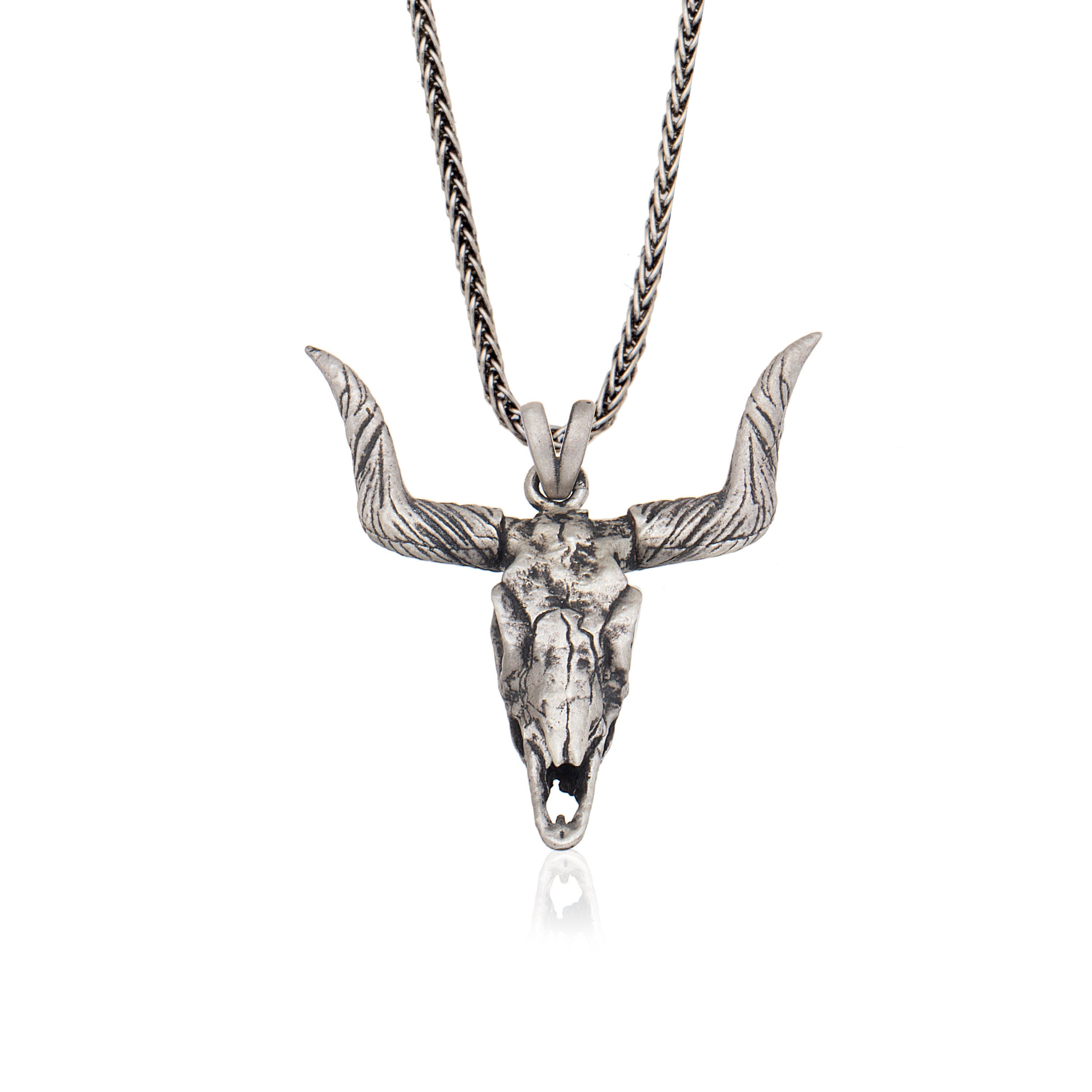 Sterling Silver Bison Skull Men's Necklace, Unisex Oxidized Silver Buffalo Skull Necklace, Bull Skull Pendant, Unique Gift For Father's Day