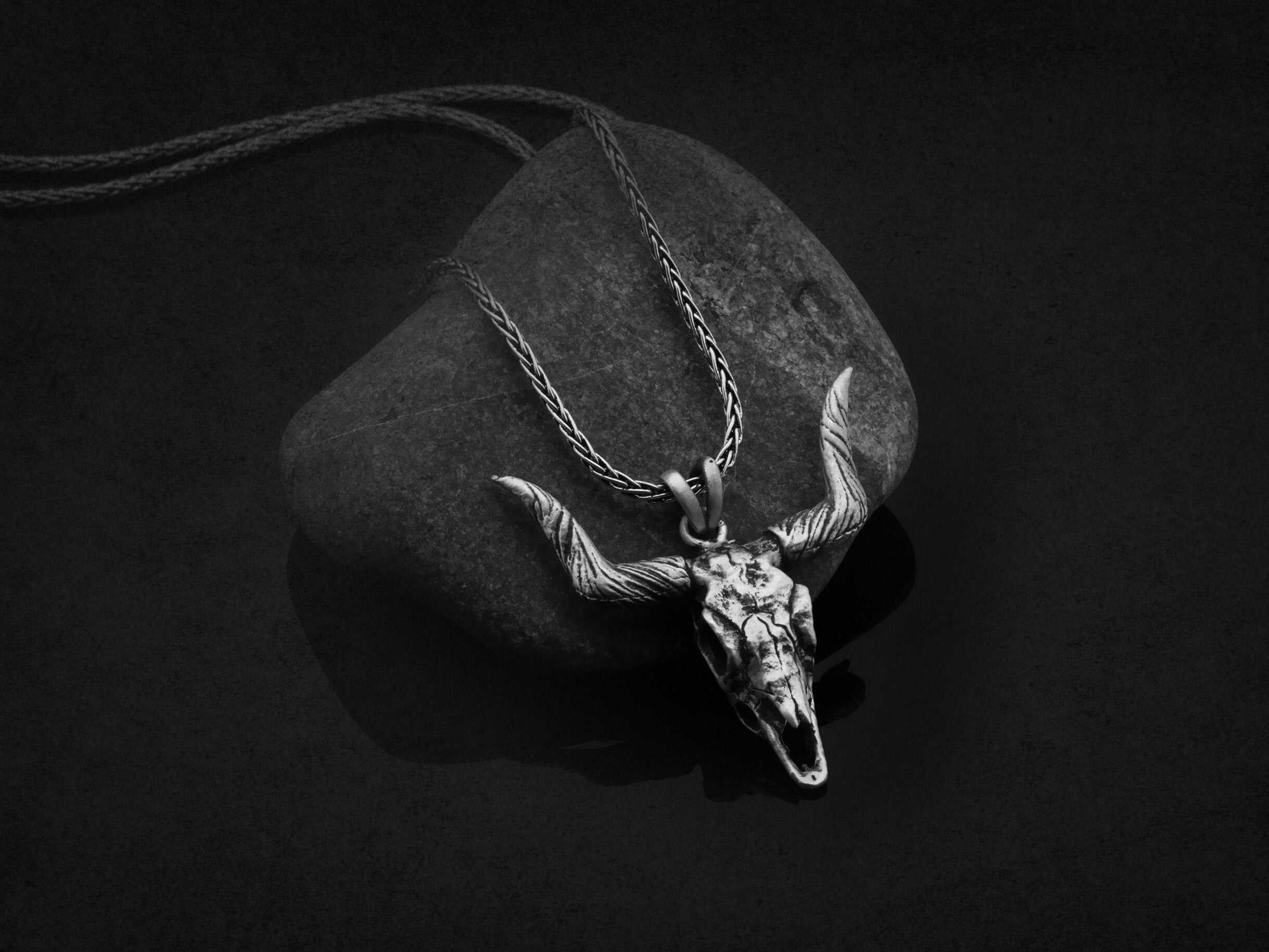 Sterling Silver Bison Skull Men's Necklace, Unisex Oxidized Silver Buffalo Skull Necklace, Bull Skull Pendant, Unique Gift For Father's Day