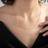 Curved Sideways Cross Necklace with Diamonds (Cubic Zircon)