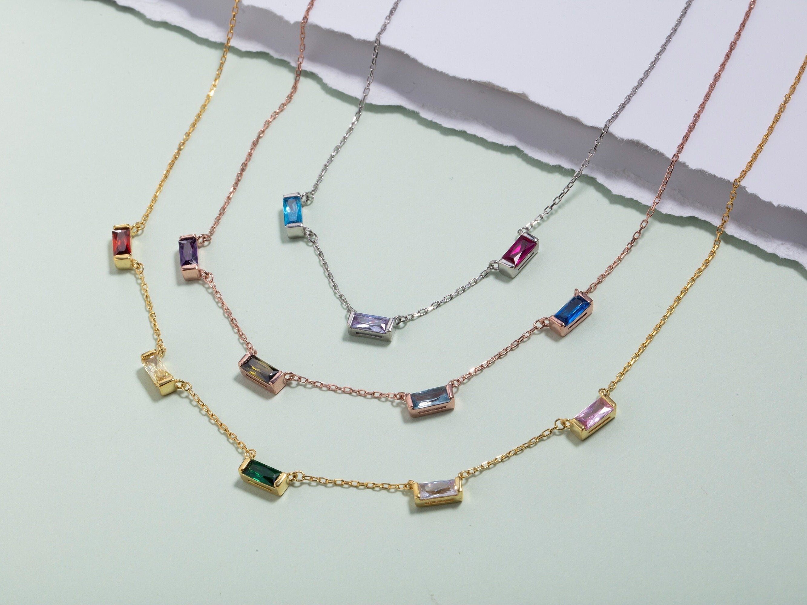 Silver Spaced Birthstone Necklace, Birthday Gift, Baguette Birthstone Necklace, Gift For Mother, Custom Made Jewelry, Gift For Mothers Day