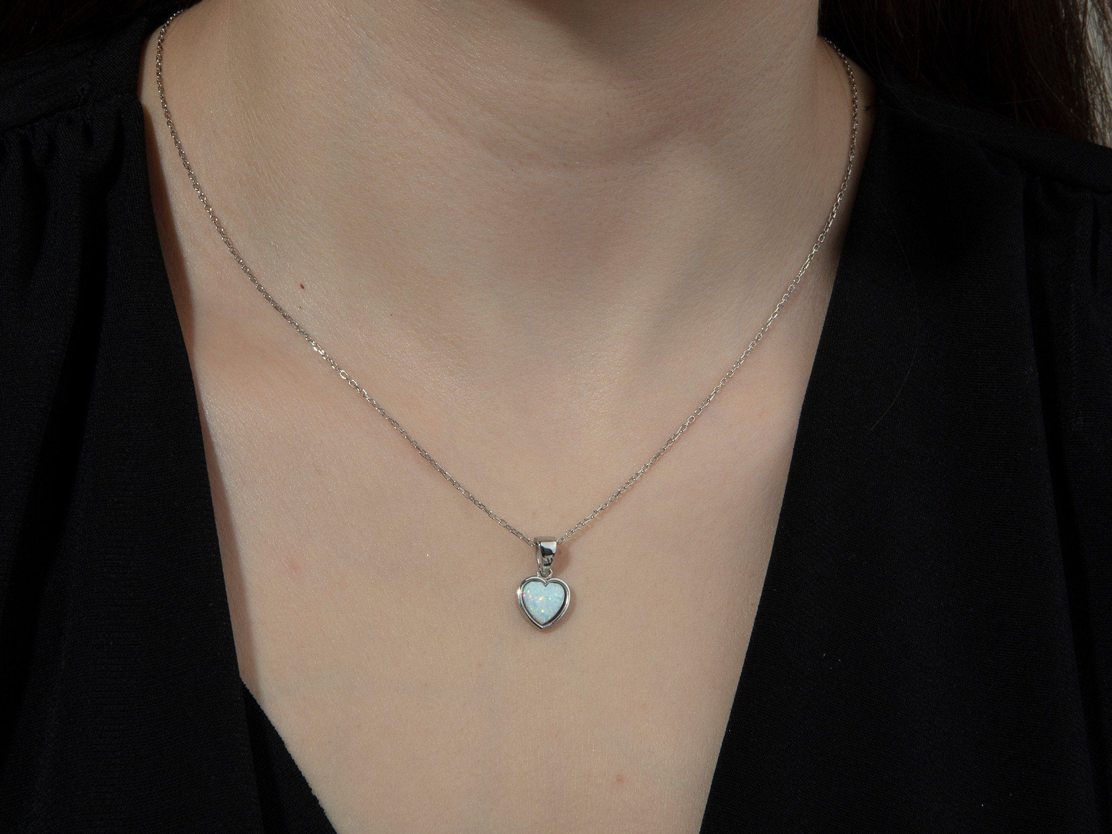 Sterling Silver Heart Opal Necklaces, 14K Gold White Opal Pendant, Fire Opal Necklace, Birthstone, Best Gift For Her, Gift For Mothers Day