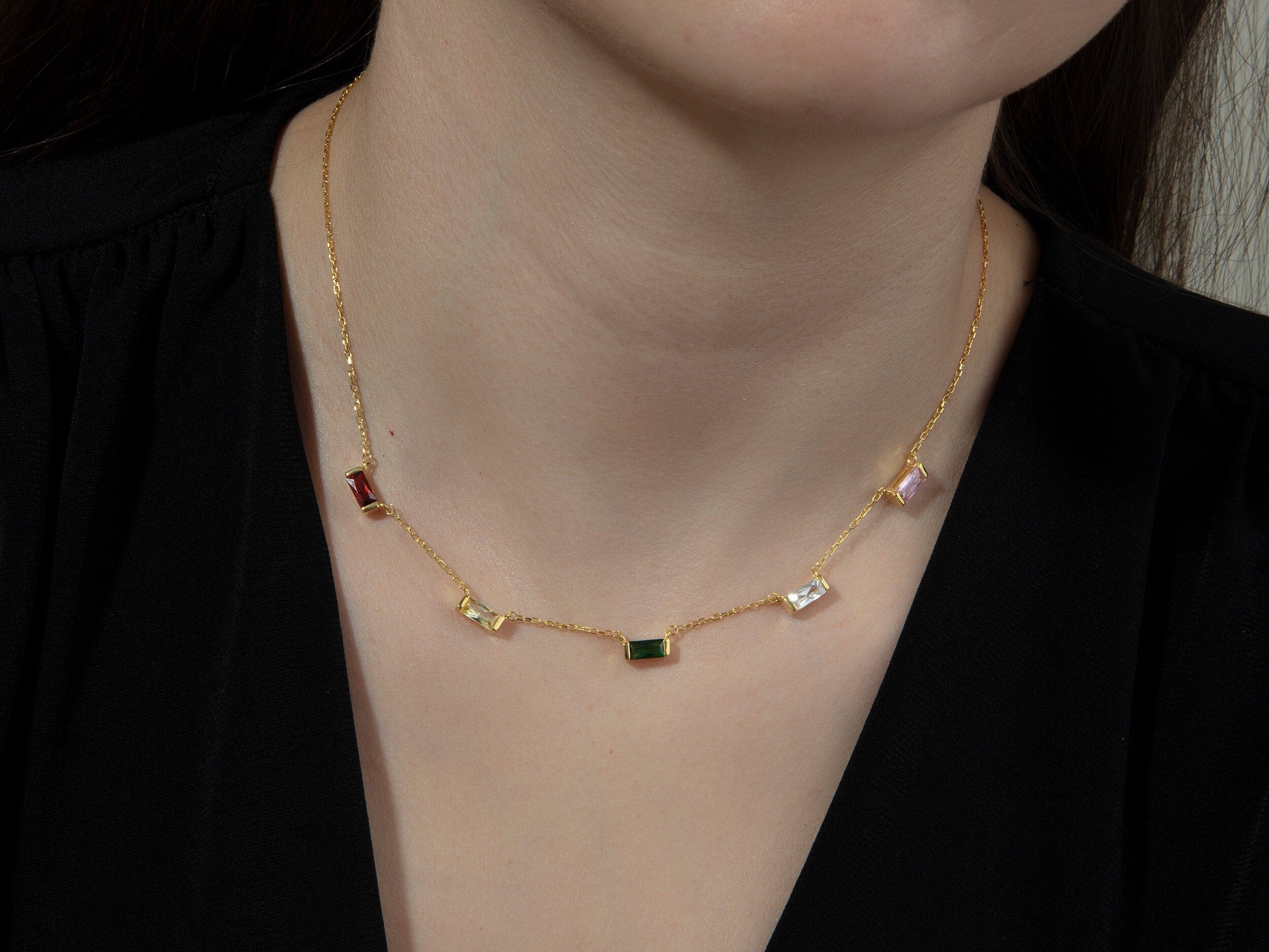 Silver Spaced Birthstone Necklace, Birthday Gift, Baguette Birthstone Necklace, Gift For Mother, Custom Made Jewelry, Gift For Mothers Day