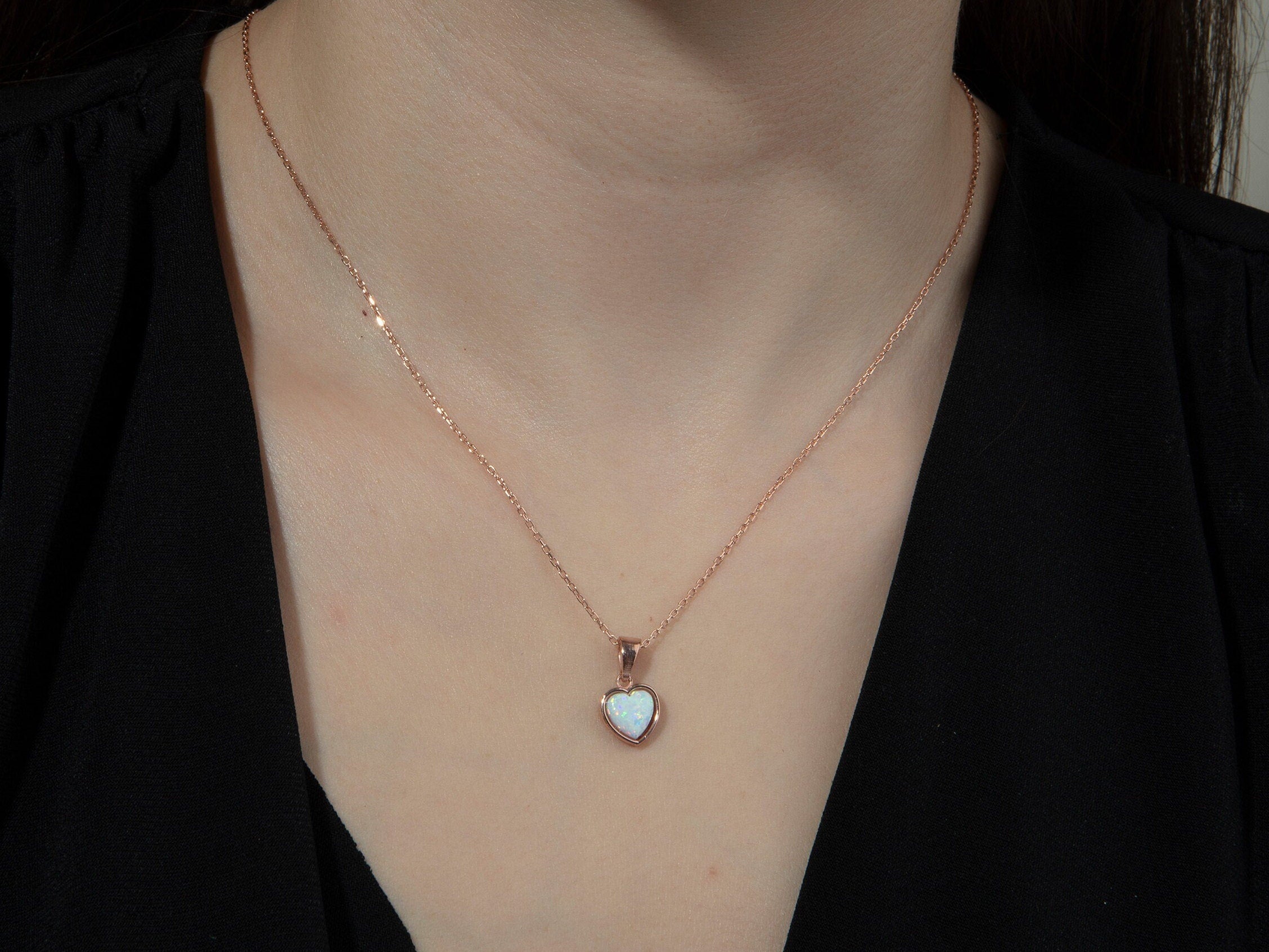 Sterling Silver Heart Opal Necklaces, 14K Gold White Opal Pendant, Fire Opal Necklace, Birthstone, Best Gift For Her, Gift For Mothers Day