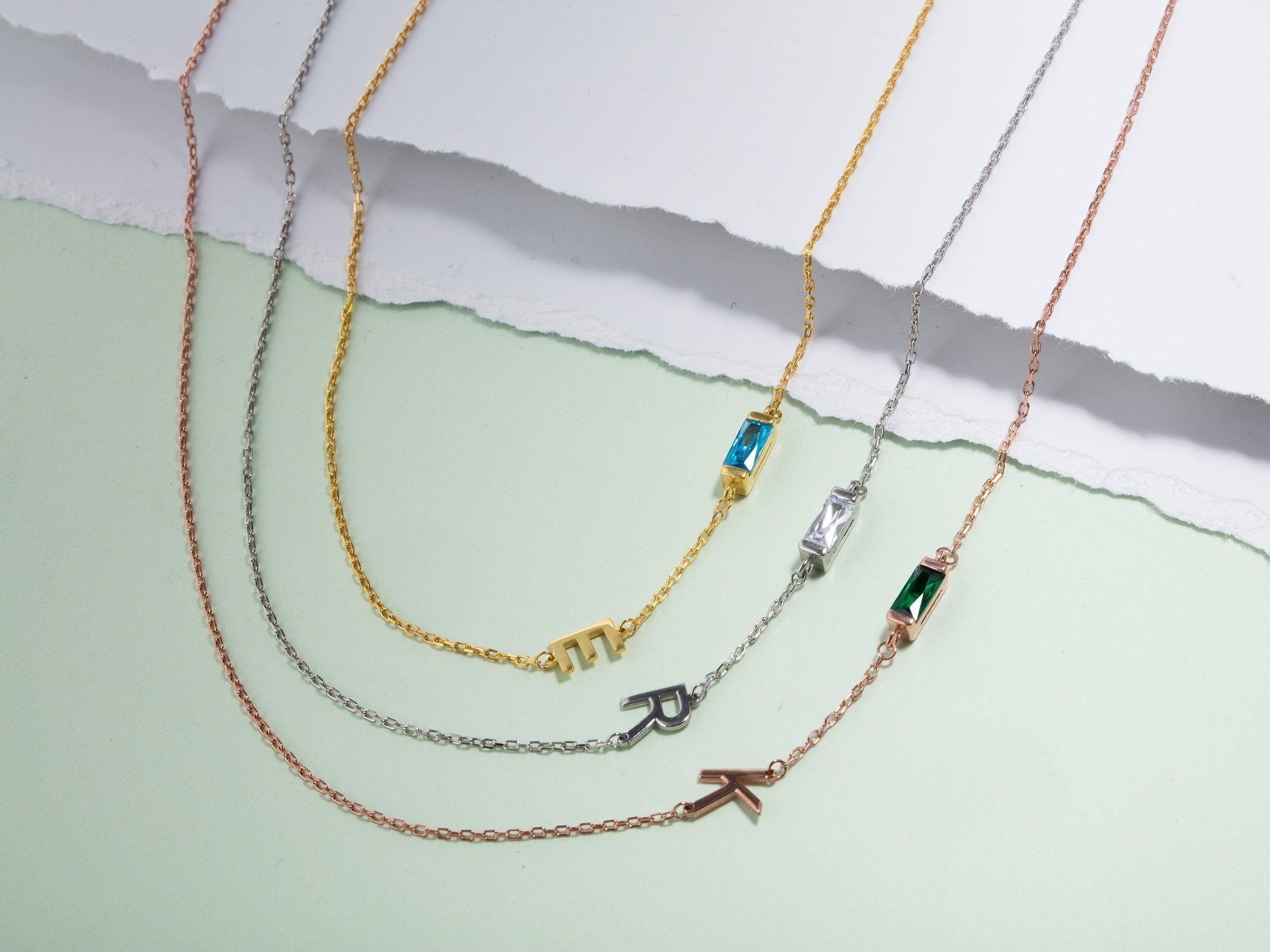 Sideways Birthstone Letter Necklaces, Gifts For Mothers, Couples Name Initial Necklace, Baguette Birthstone Necklace, Gift For Mothers Day