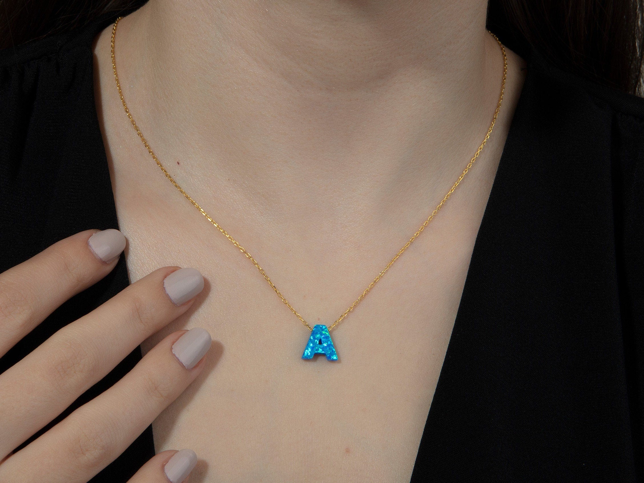 White Opal Initial Necklace For Women, Custom Gift For Mothers, Blue Opal Letter Necklace, Pinky Opal Letter Pendant, Gift For Mothers Day