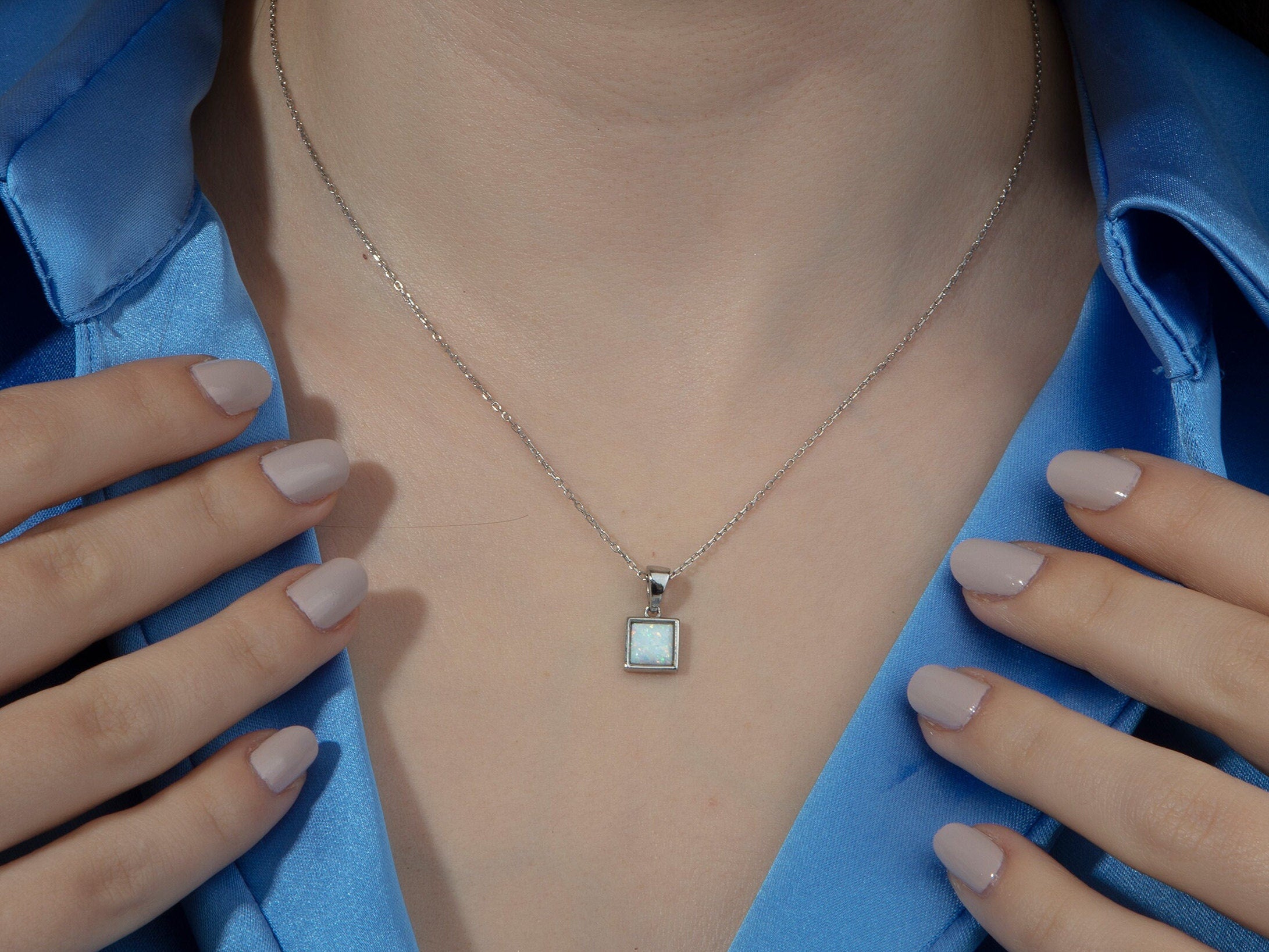 Sterling Silver Square Shape Opal Necklaces, 14K Gold White Opal Pendants, Birthstone Jewelry, Birthday Gift For Her, Gift For Mothers Day