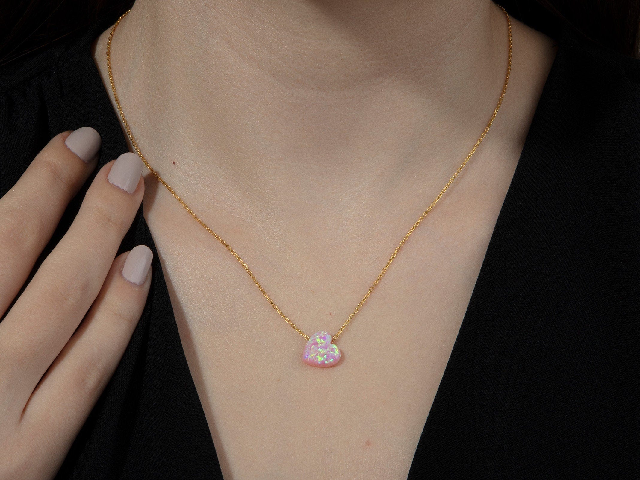 Silver Pink Heart Opal Necklace, 14K Gold Fire Opal Pendant, Gold Plated Blue Opal Necklace, Birthday Gift For Woman, Gift For Mothers Day