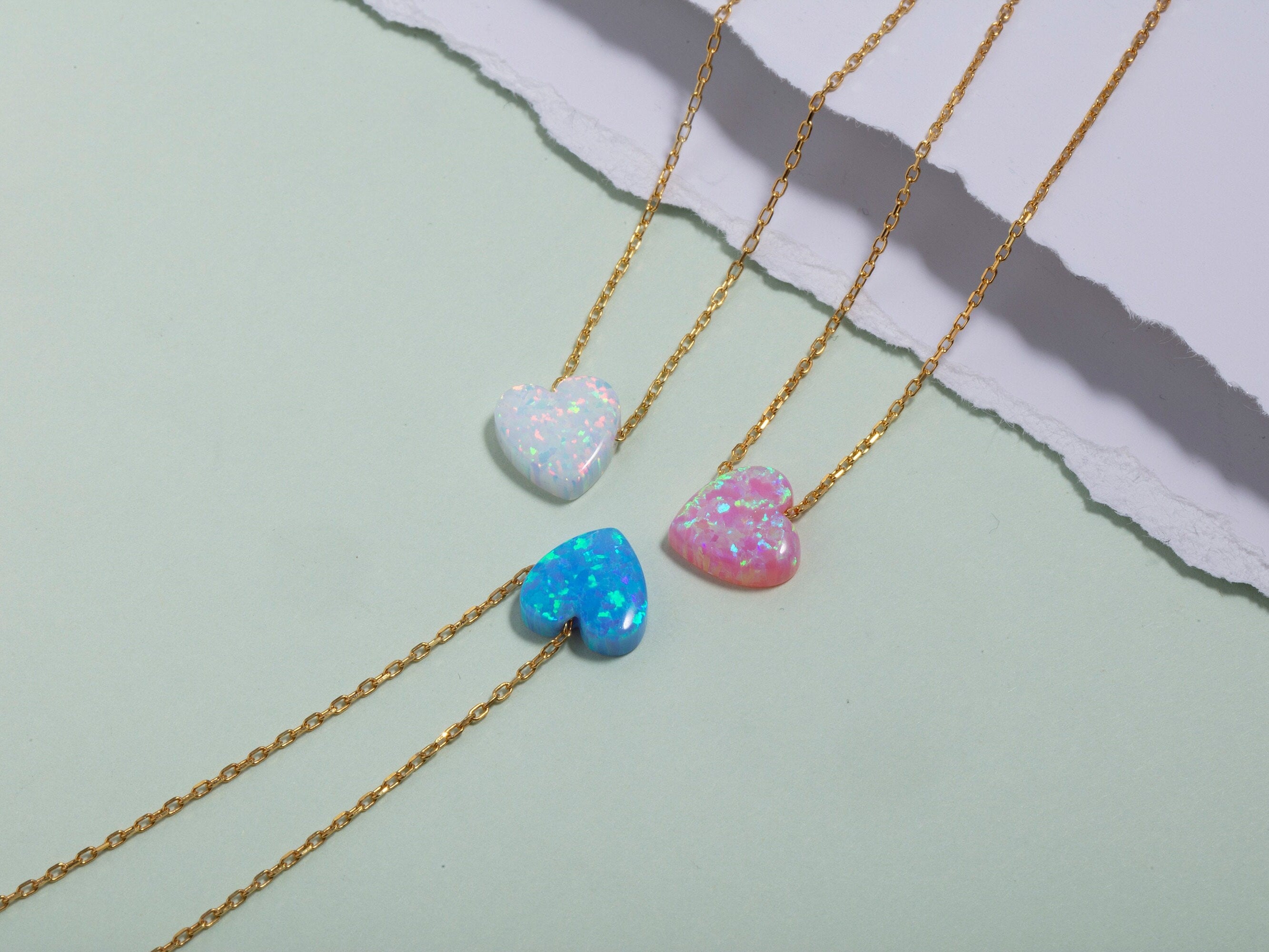 Silver Pink Heart Opal Necklace, 14K Gold Fire Opal Pendant, Gold Plated Blue Opal Necklace, Birthday Gift For Woman, Gift For Mothers Day