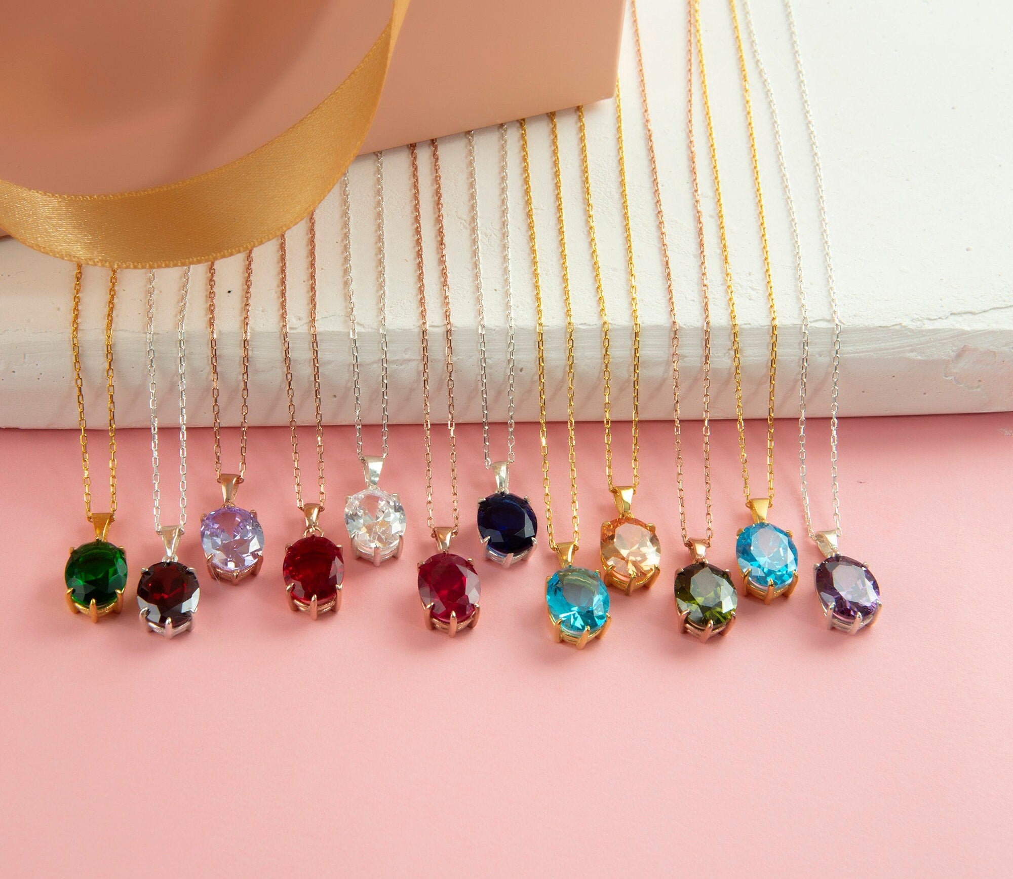 Silver Claw Prong Birthstone Necklaces, Gifts For Mother, 14K Gold Oval Gemstone Pendant, Birthday Gift For Grandmas, Gift For Mothers Day