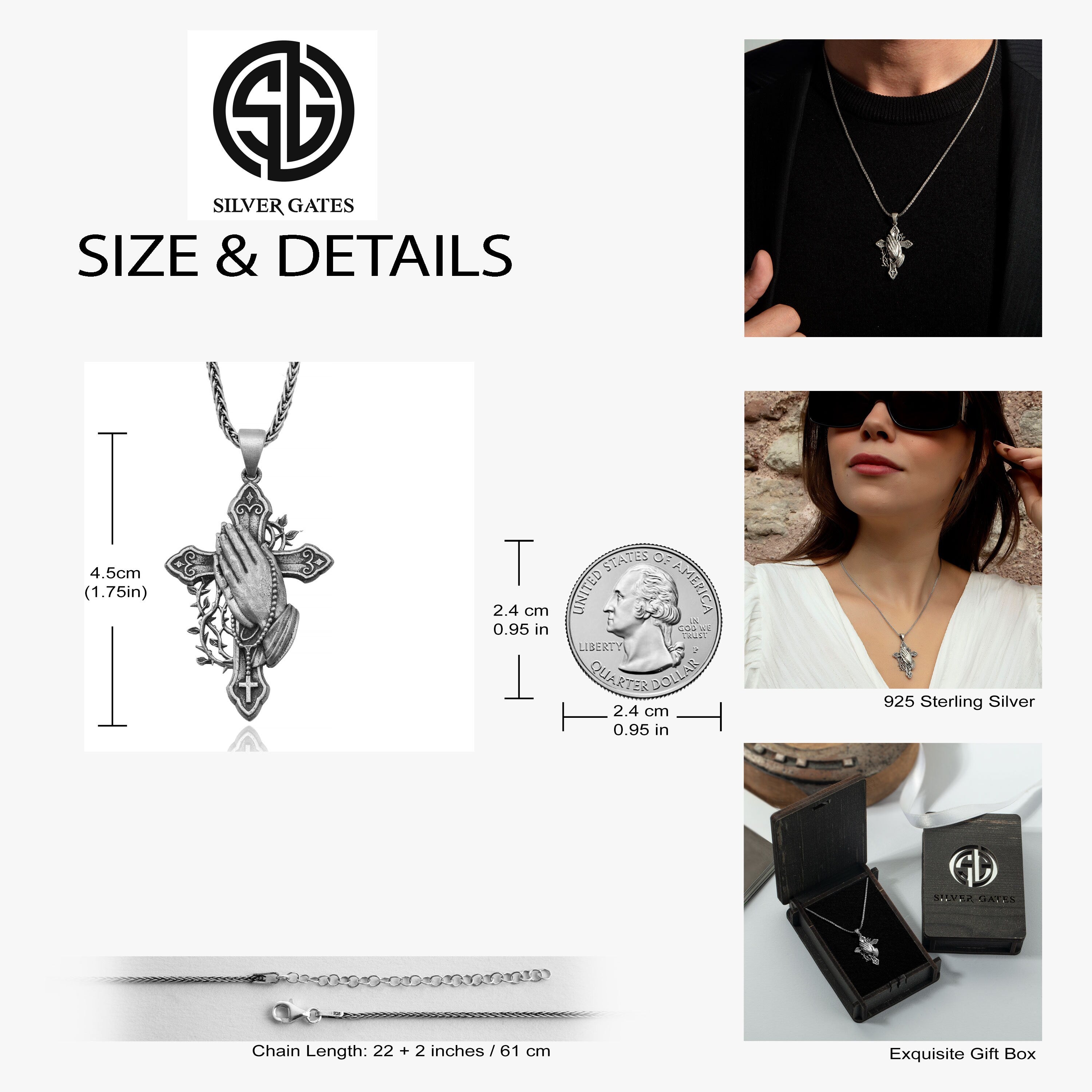 Silver Cross Necklaces For Men, Praying Hands Jesus Cross Necklace, Cross Necklace For Women, Crucifix Pendant, Unique Gift For Father's Day