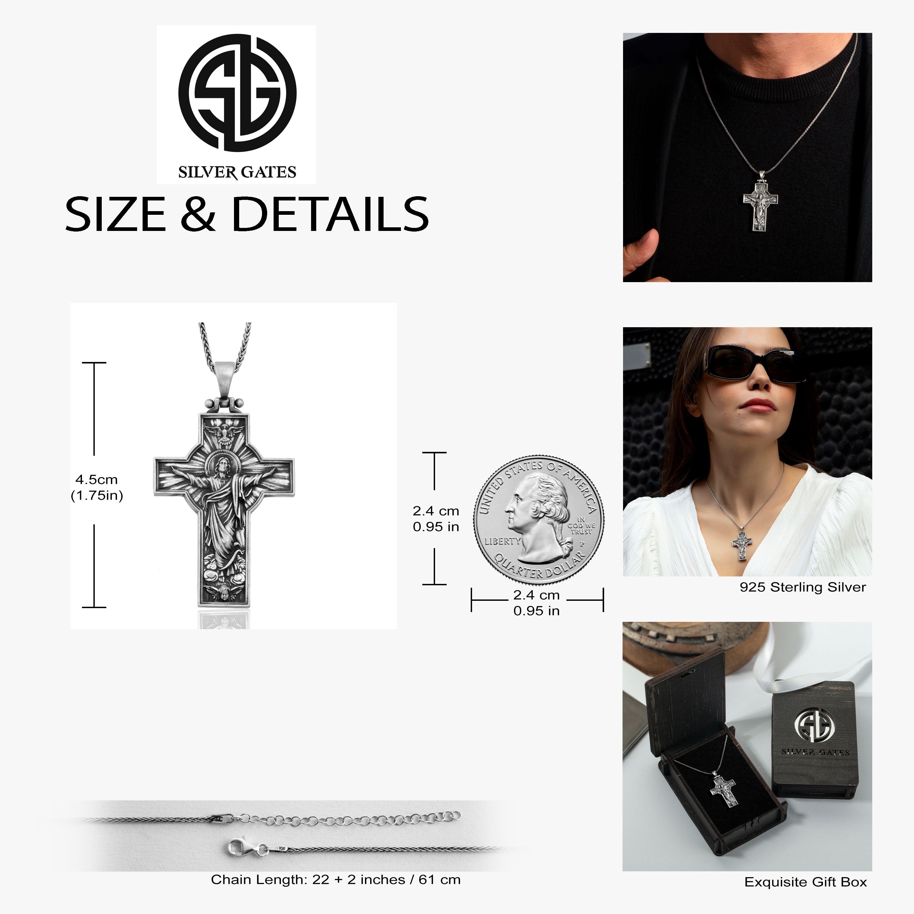 Silver Cross Necklace For Men, Jesus Christ Crucifix Pendant For Women, Unisex Religious Jewelry, Gift For Men, Unique Gift For Father's Day