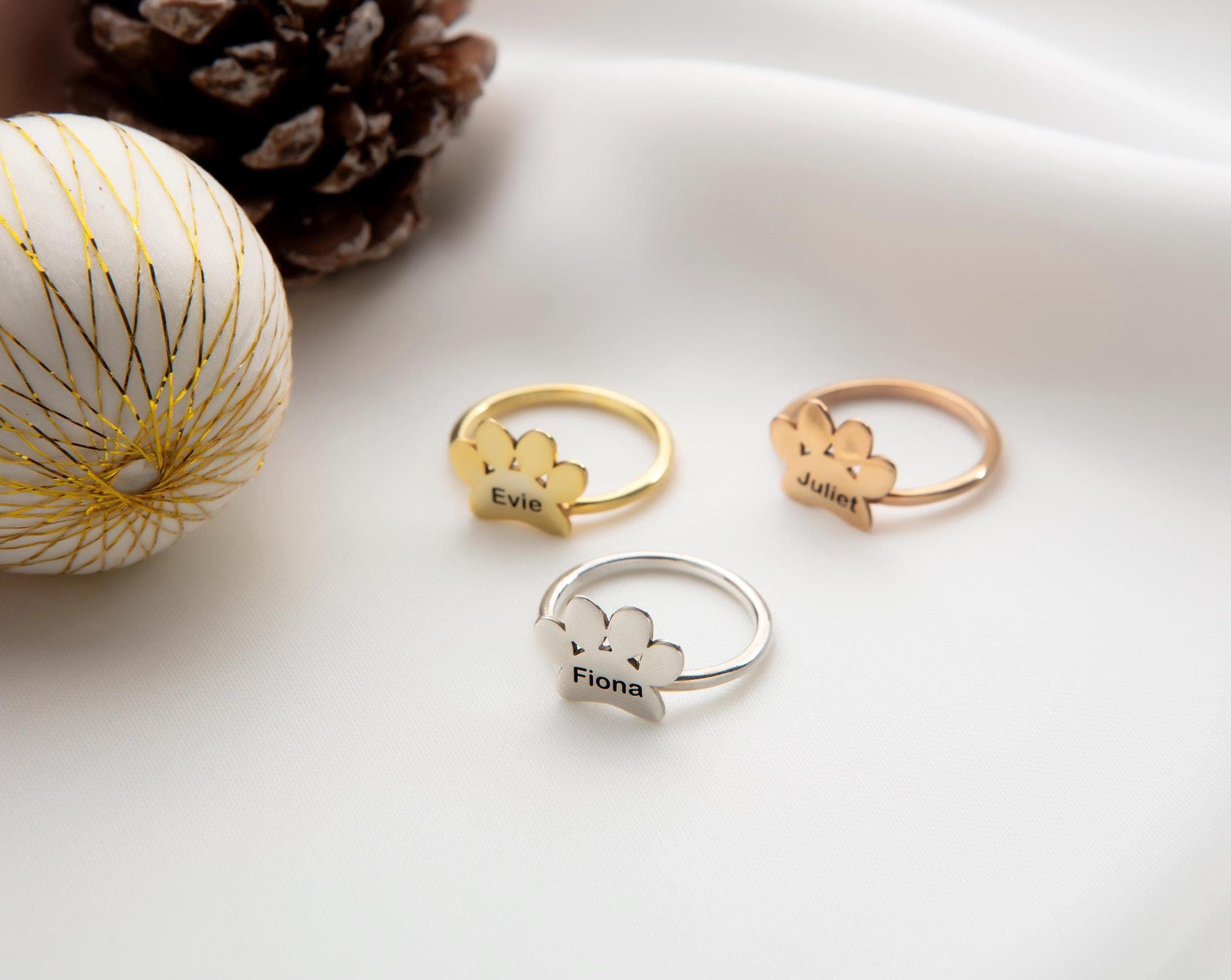 Silver Pet's Name Rings, 14K Gold Paw Print Ring, Gift For Pet Lovers, Gift For Pet Mothers, Pet's Name Initial Ring, Gift For Mothers Day