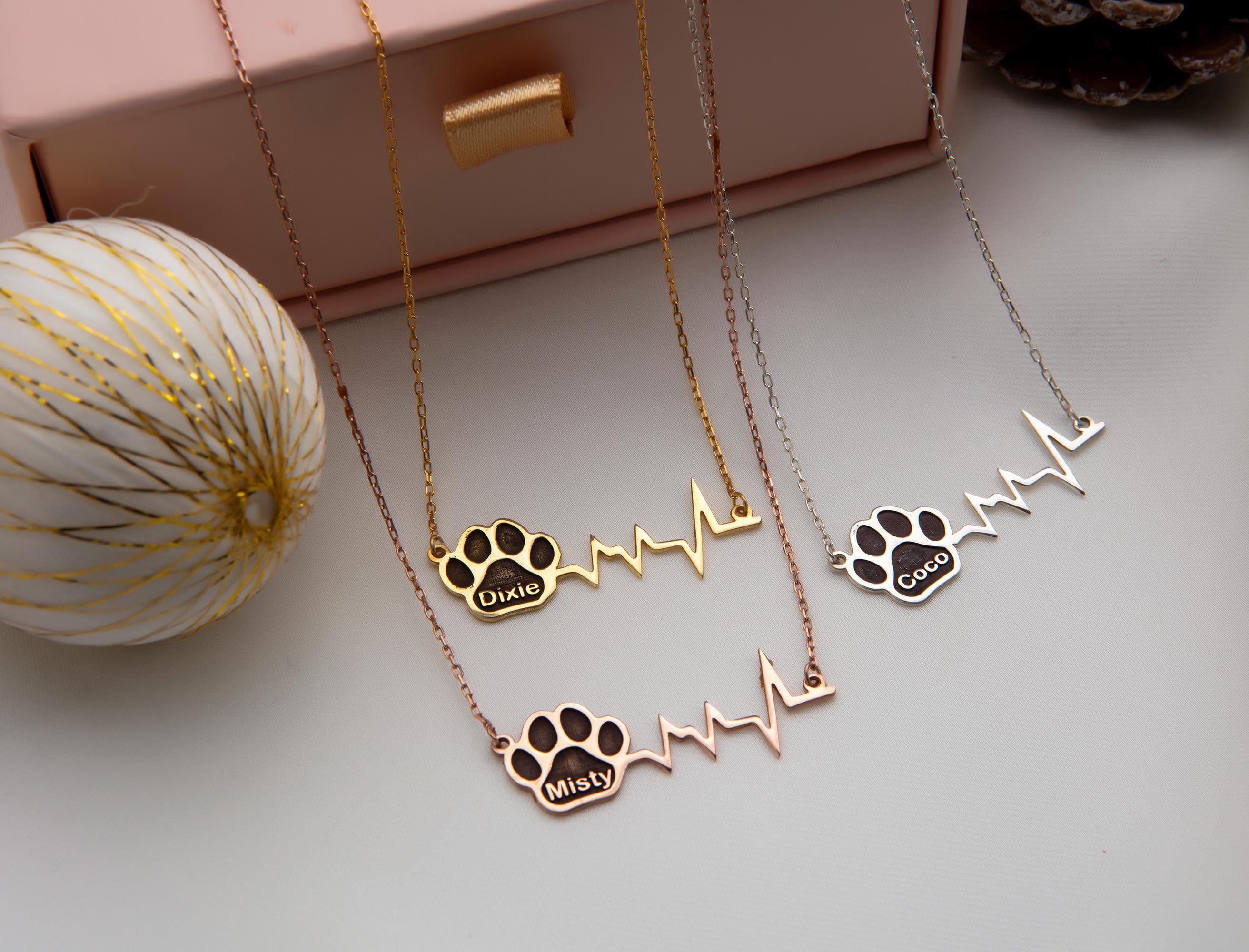 Paw Print Pet Name Necklaces, Heartbeat Necklace, Gift For Pet Mothers, Personalized Gifts, Custom Pet Name Necklace, Gift For Mothers Day