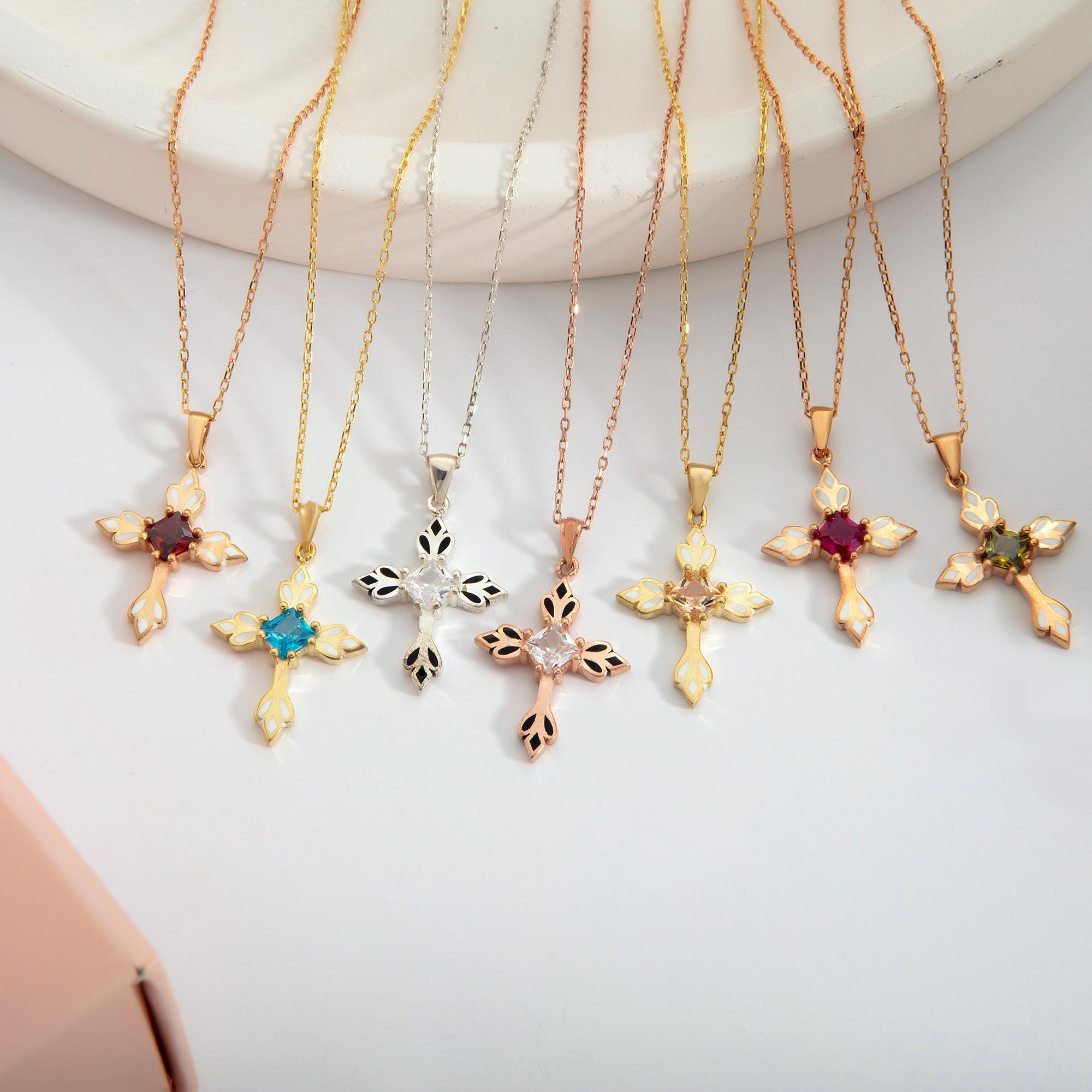 14K Gold Enamel Cross Necklaces, Moms Gift, Silver Birthstone Cross Necklace, Gifts For Mothers, Personalized Gifts, Gift For Mothers Day
