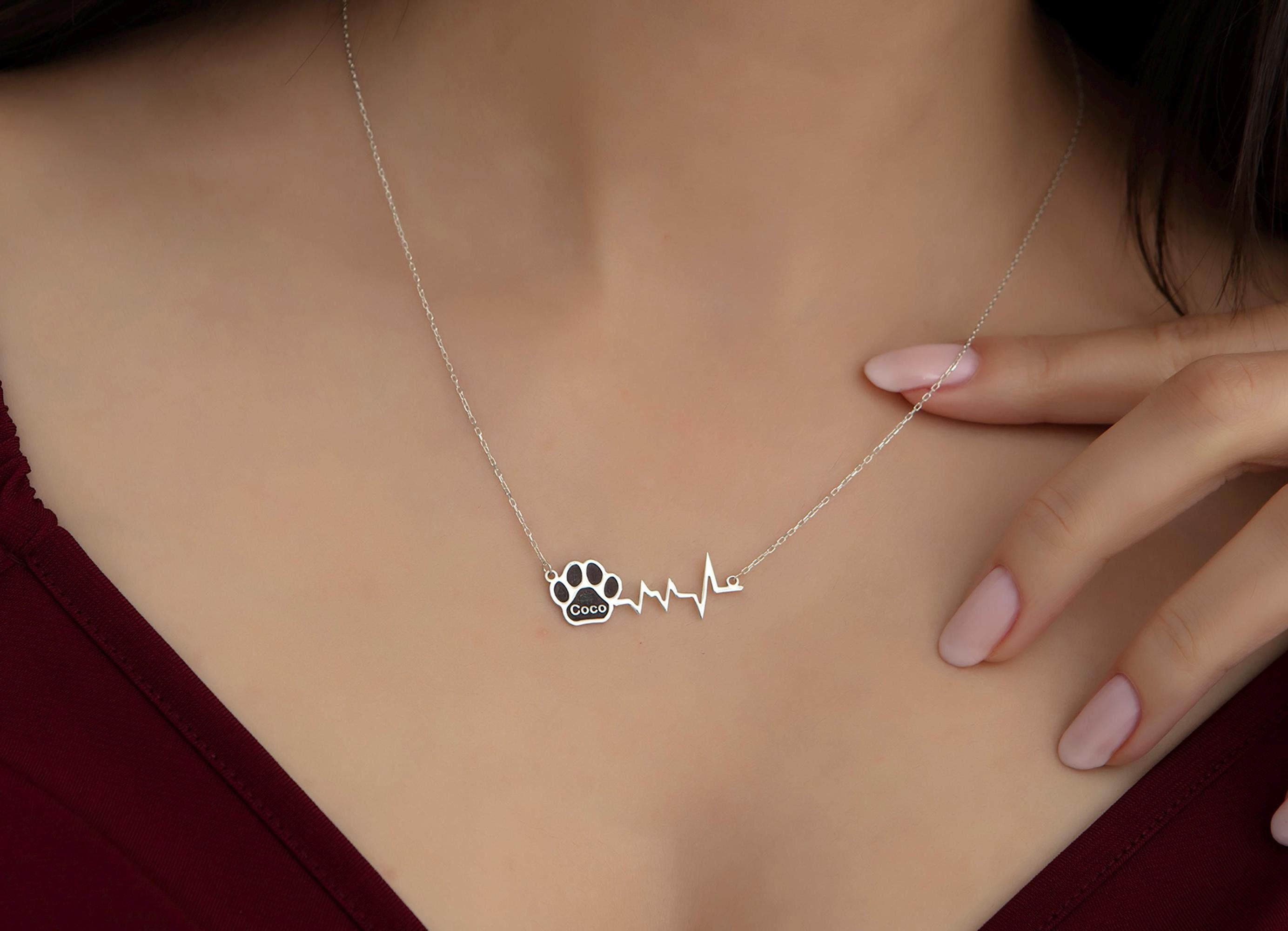 Paw Print Pet Name Necklaces, Heartbeat Necklace, Gift For Pet Mothers, Personalized Gifts, Custom Pet Name Necklace, Gift For Mothers Day