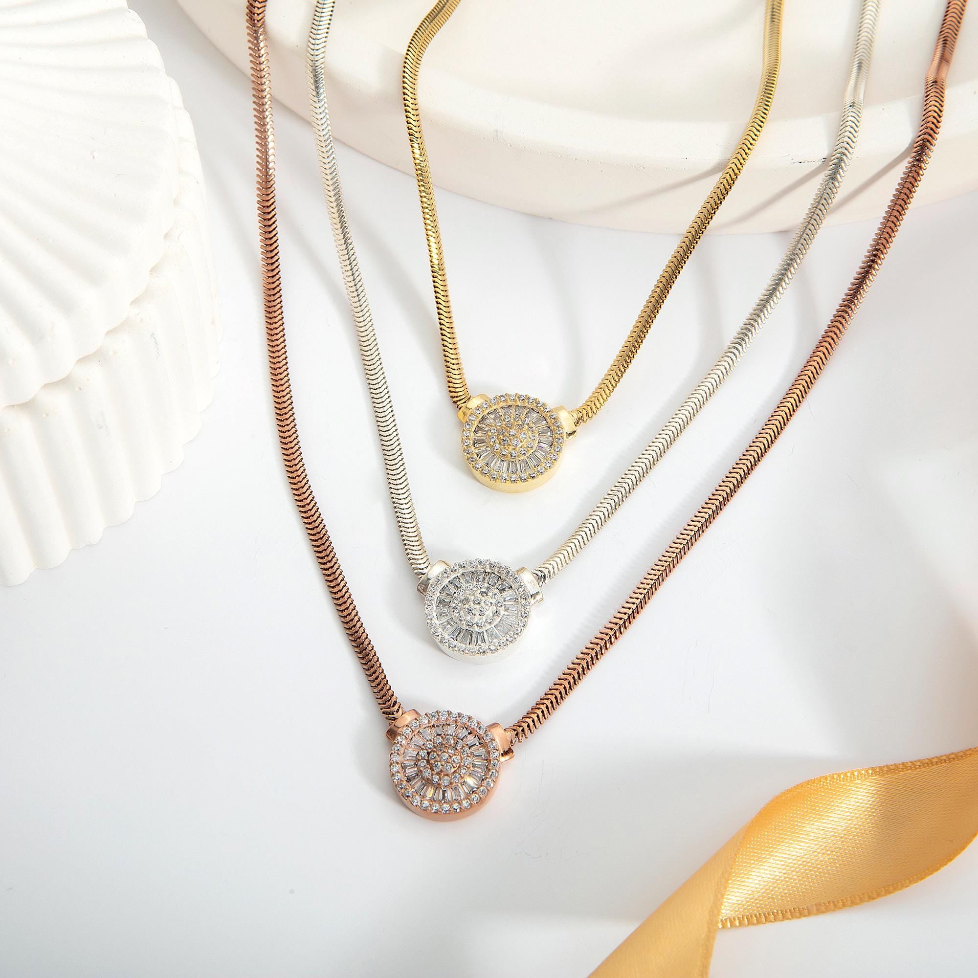 14K Gold Baguette Diamond Necklaces, Gift For Her, Simulated Diamond Necklace, 18K Snake Chain Zircon Diamond Pendants, Gift For Mothers Day