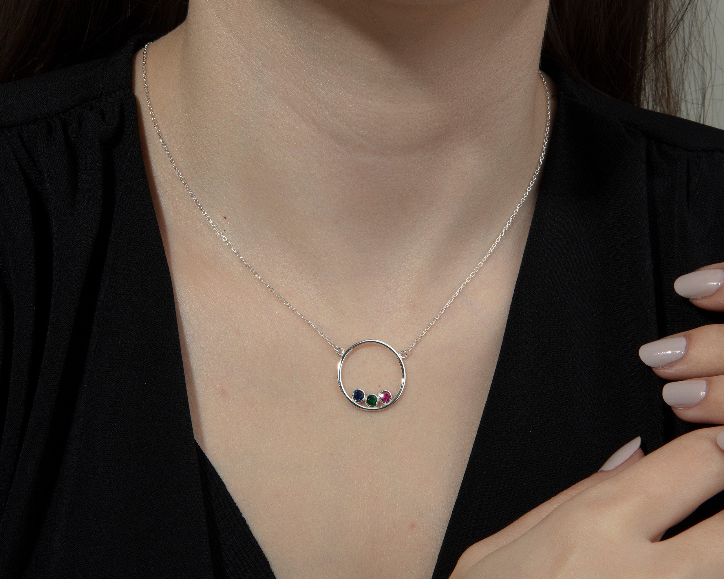 Silver Birthstone Necklace For Mom, 14K Gold Custom Birthstone Circle Necklace, Personalized Jewelry, Meaningful Gifts, Gift For Mothers Day