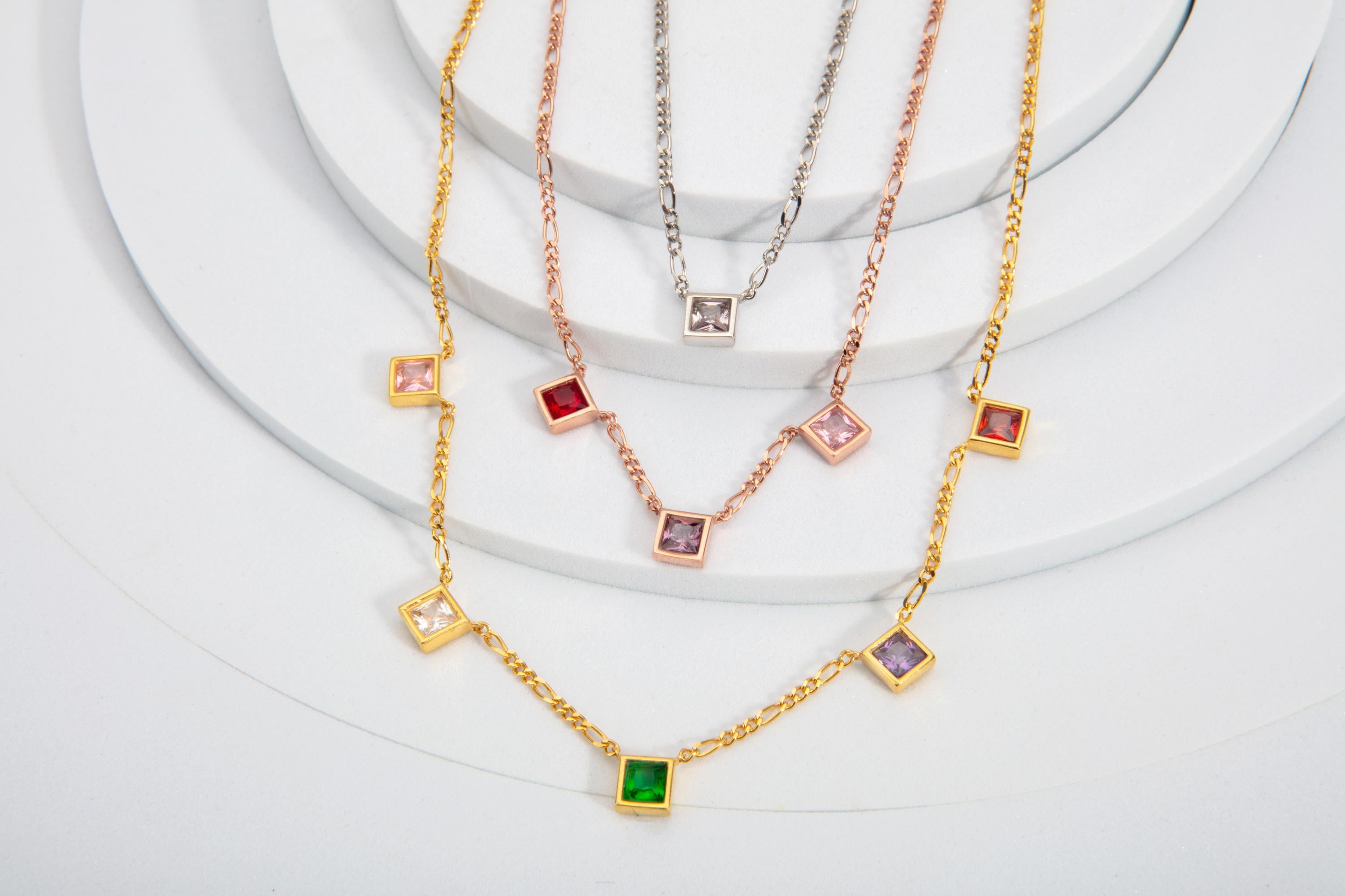 Princess Birthstone Necklaces, Figaro Chain Birthstone Necklace, Birthstone Necklace For Mothers, Personalized Jewelry, Gift For Mothers Day