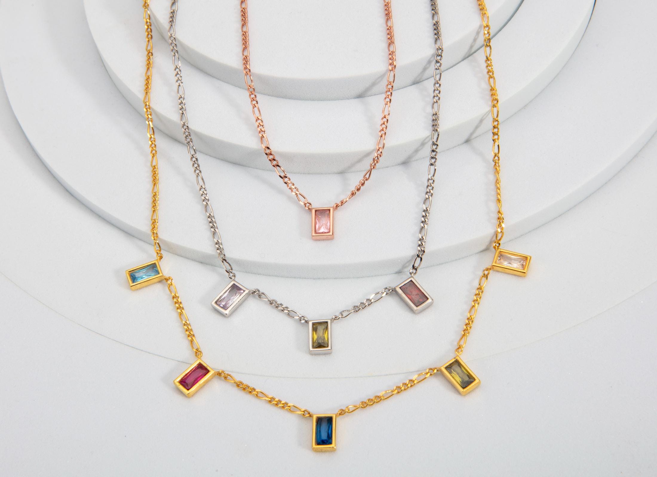 Silver Baguette Birthstone Necklace, Birthstone Jewelry For Mothers, Gold Birthstone Charms With Figaro Chain Necklace, Gift For Mothers Day