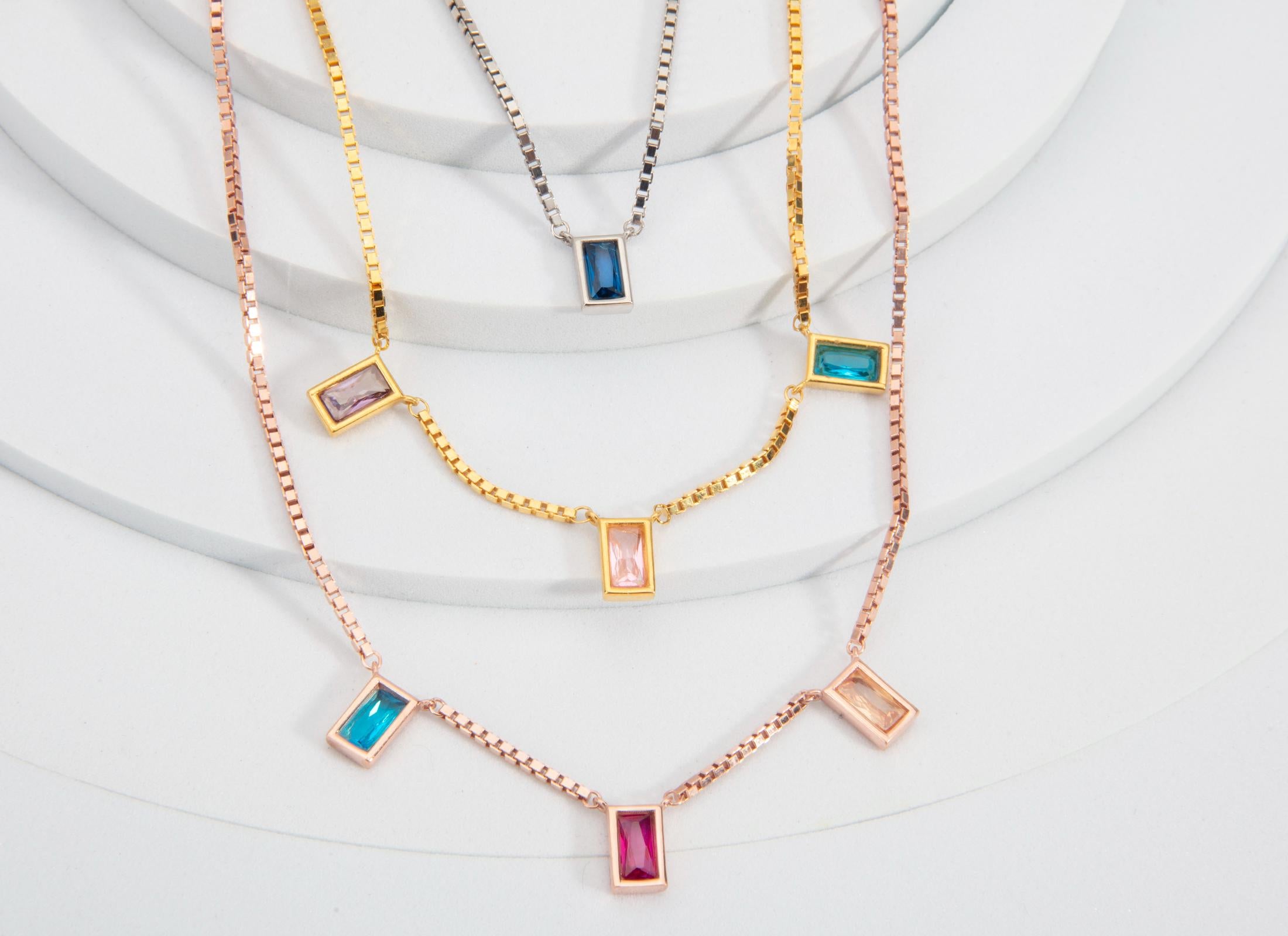 Silver Baguette Birthstone Necklaces, Custom Birthstone Necklace For Mothers, Gold Charm Birthstone Box Chain Necklace, Gift For Mothers Day