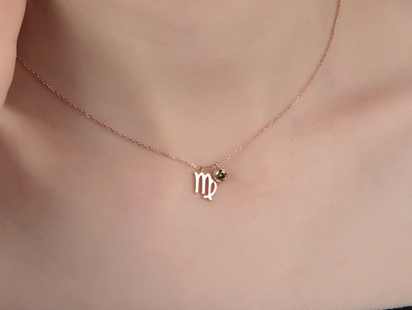 Silver Zodiac Charm Birthstone Necklace, 14K Gold Zodiac Pendant, Custom Made Birthday Gift, Zodiac Birthstone Jewelry, Gift For Mothers Day