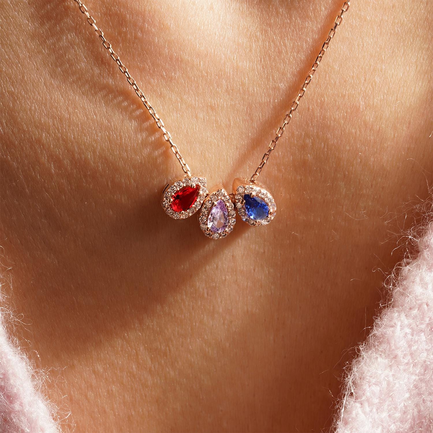 Pear Shaped Birthstone Necklaces, Family Birthstone Necklace For Mothers, Drop Birthstone Pendants, Personalized Gifts, Gift For Mothers Day