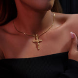 14K Gold Cross Necklace For Men, 18K Gold Cross Cuban Chain Necklace, Religious Jewelry, Unisex Cross Necklace, Unique Gift For Father's Day