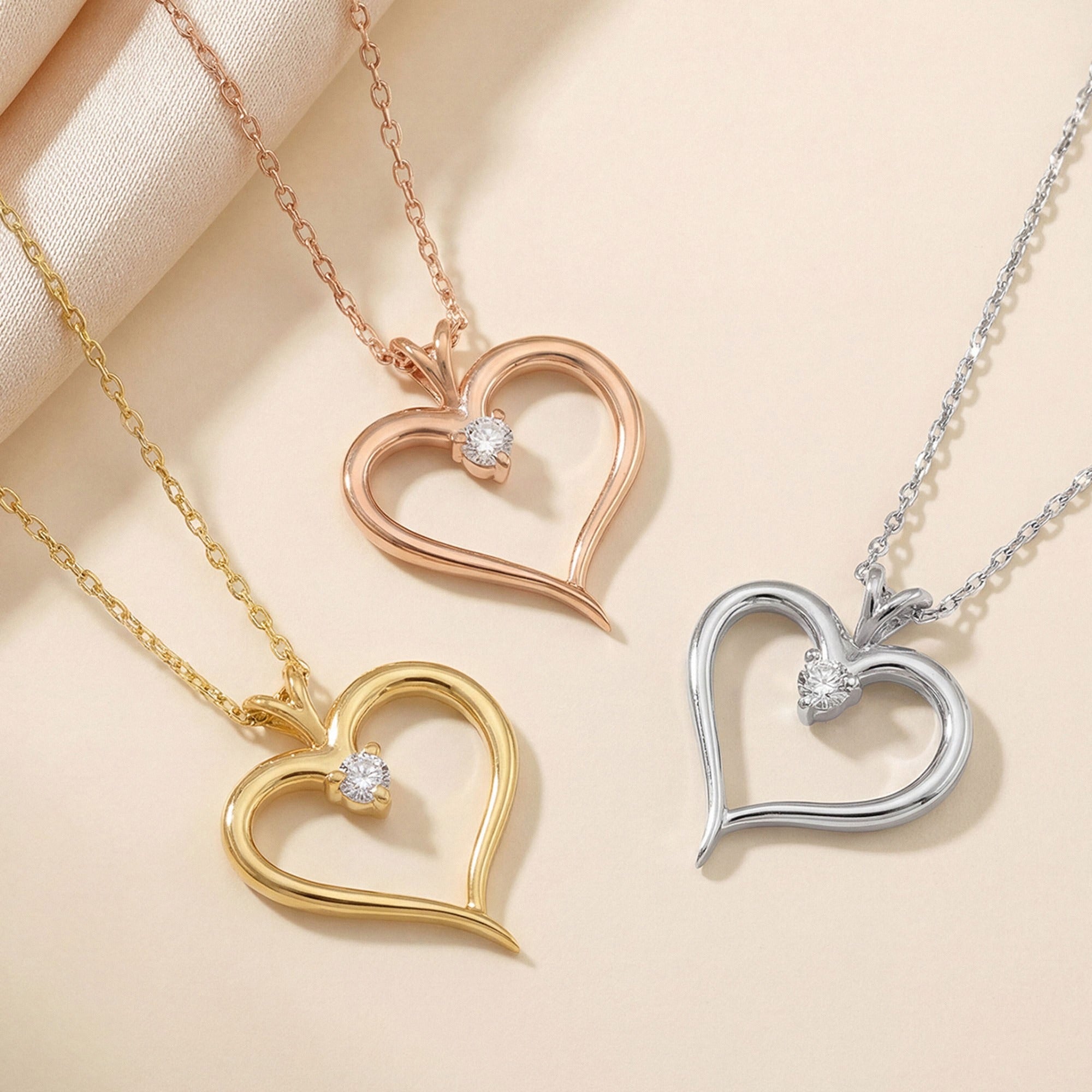 Open Heart Necklace with Diamond in silver, gold and rose gold