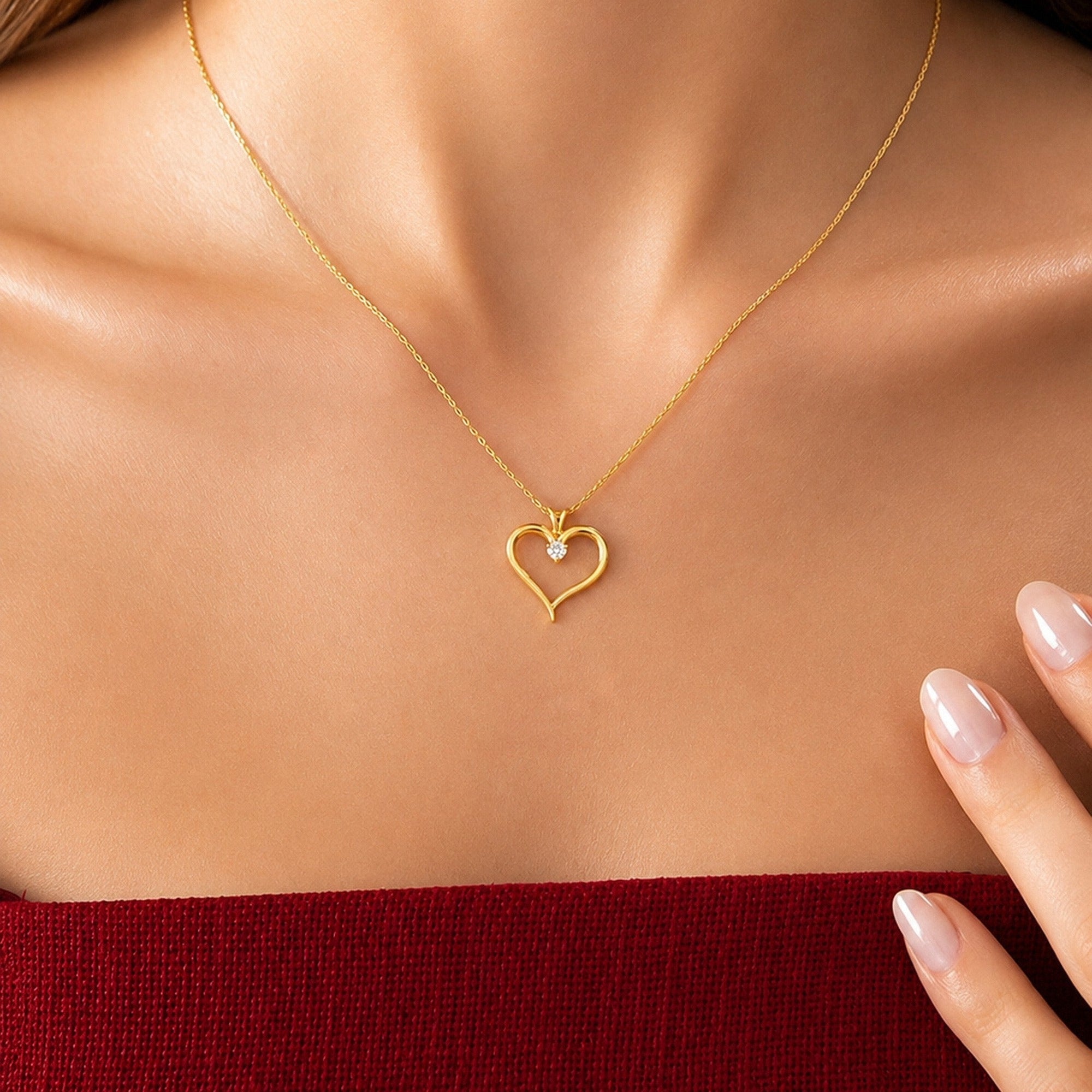 Open Heart Necklace with Diamond in gold, worn