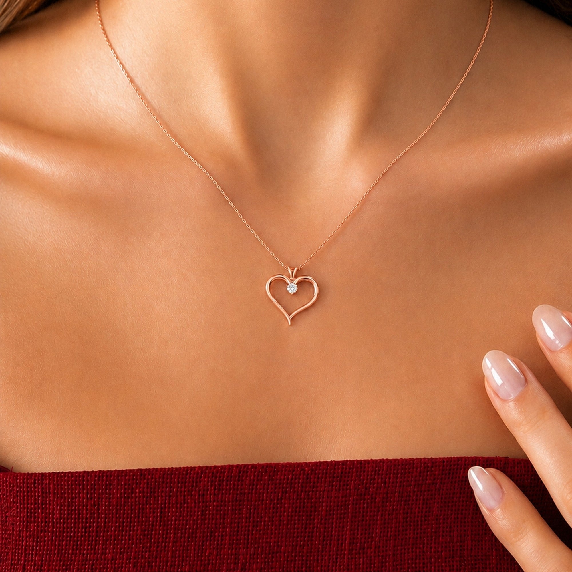 Open Heart Necklace with Diamond in rose gold, worn