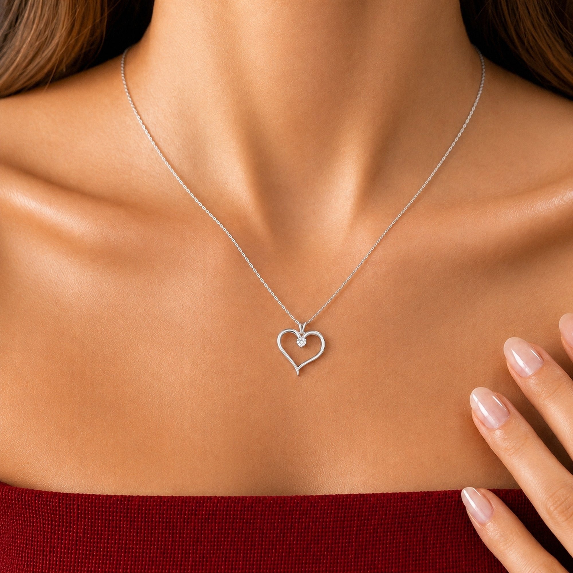 Open Heart Necklace with Diamond in silver, worn