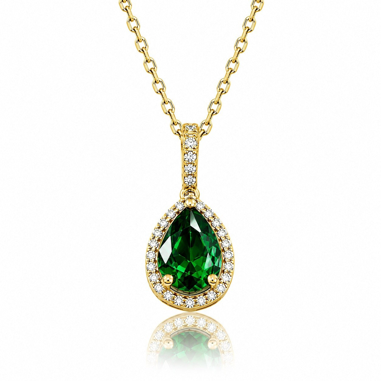 Pear Emerald Halo Necklace in gold