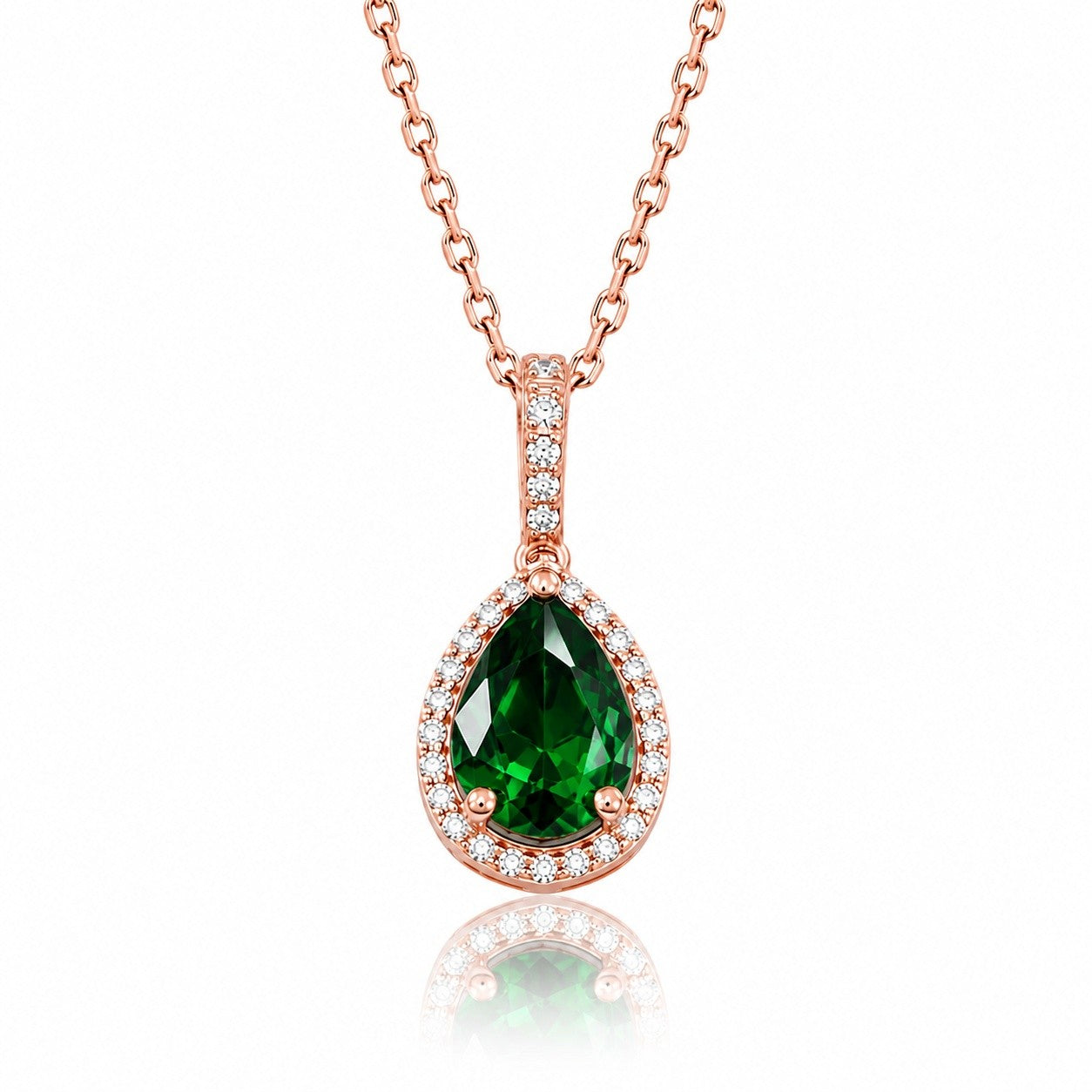 Pear Emerald Halo Necklace in rose gold