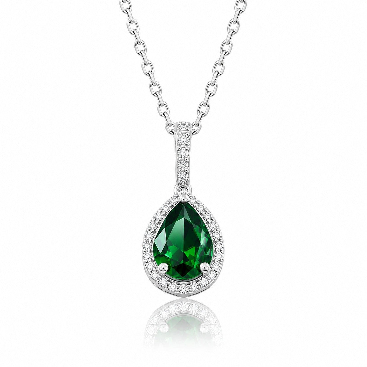 Pear Emerald Halo Necklace in silver
