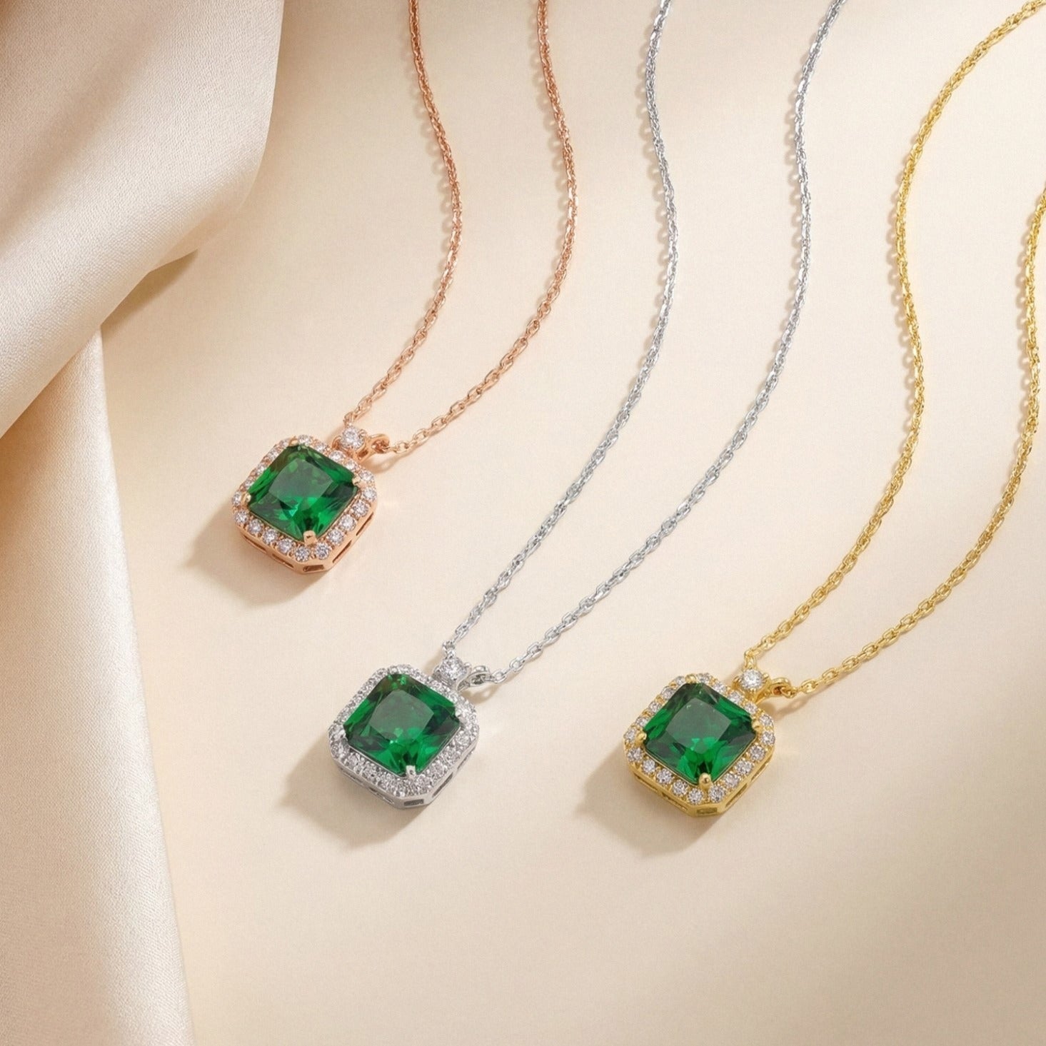 Princess Cut Emerald Halo Necklace in silver, gold and rose gold