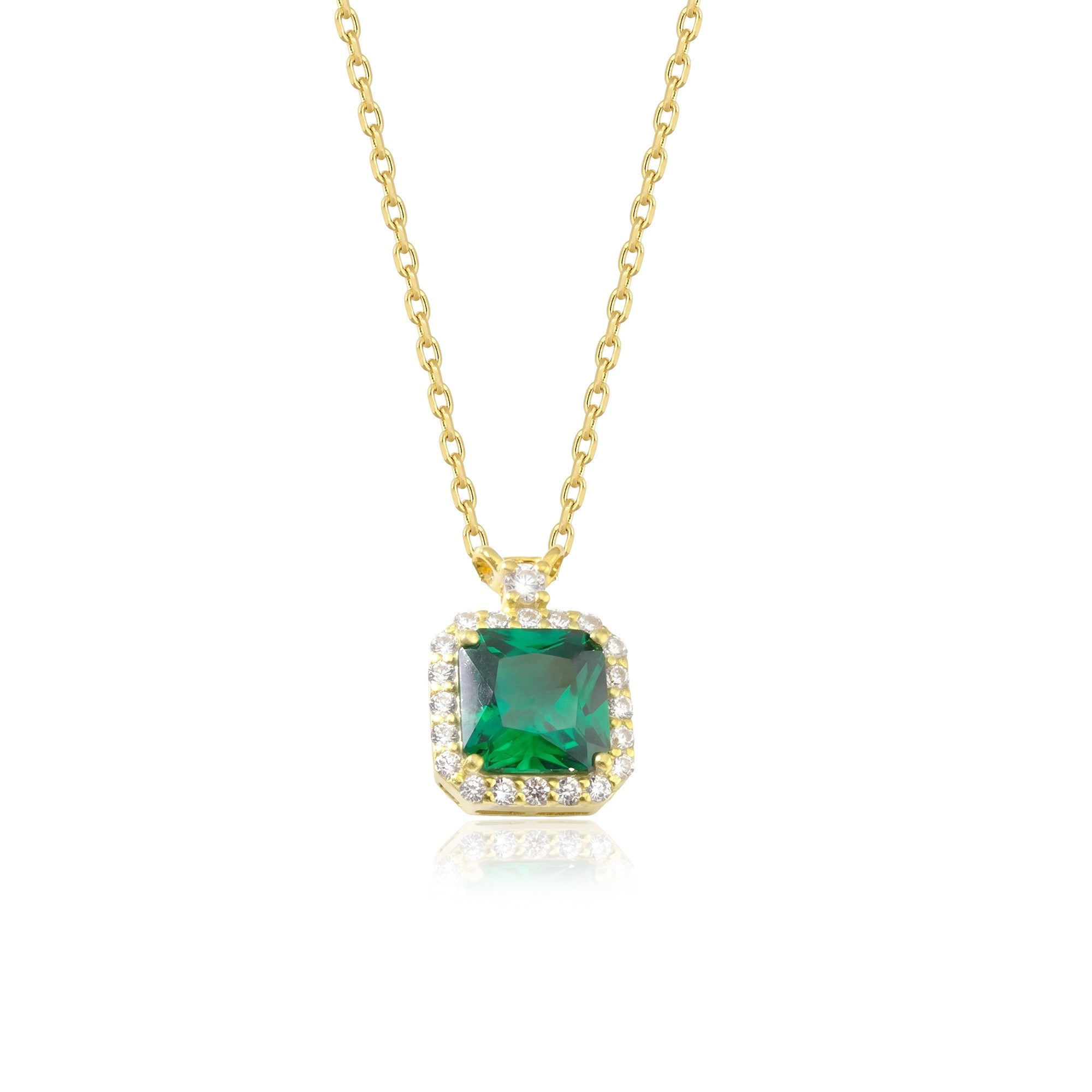 Princess Cut Emerald Halo Necklace in gold