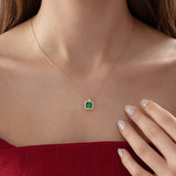 Princess Cut Emerald Halo Necklace in rose gold, worn