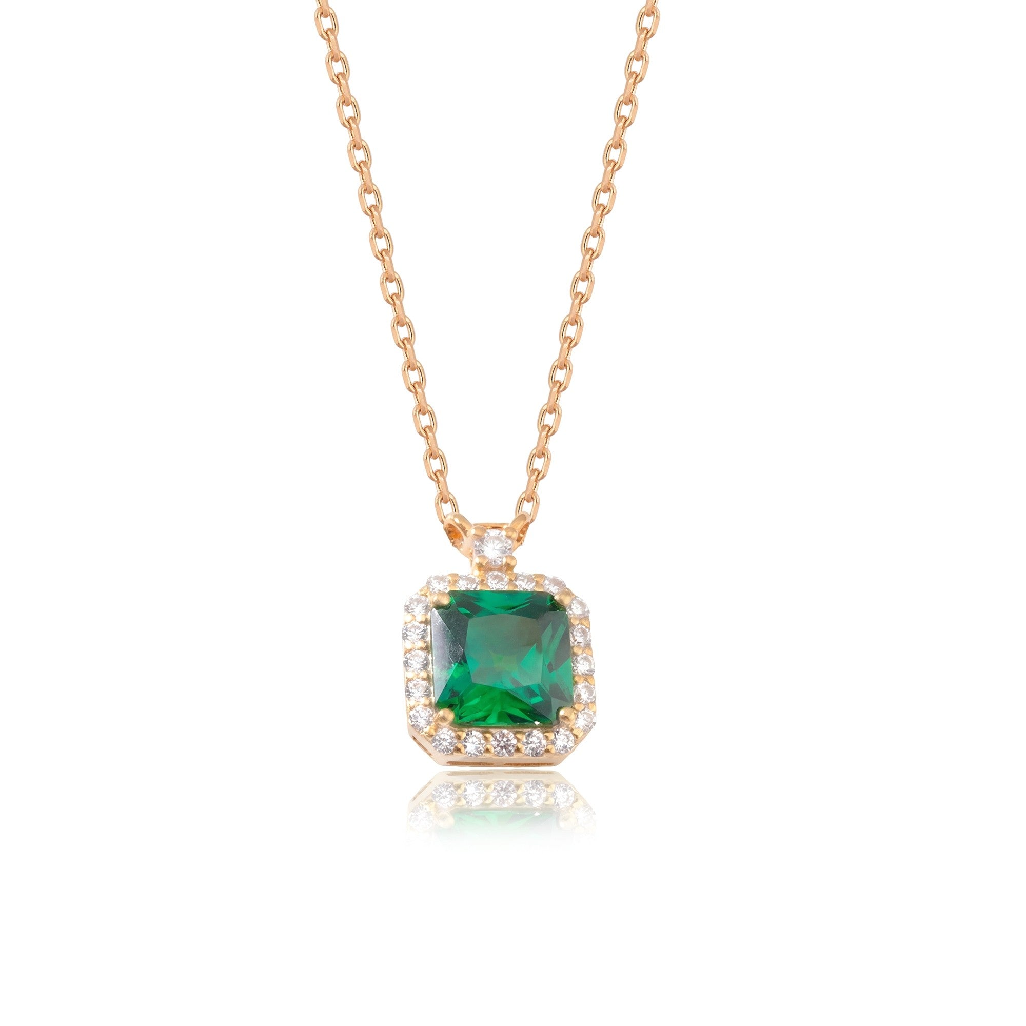 Princess Cut Emerald Halo Necklace in rose gold