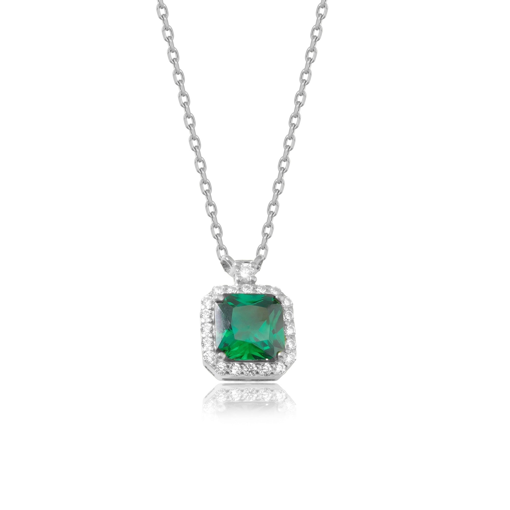 Princess Cut Emerald Halo Necklace in silver